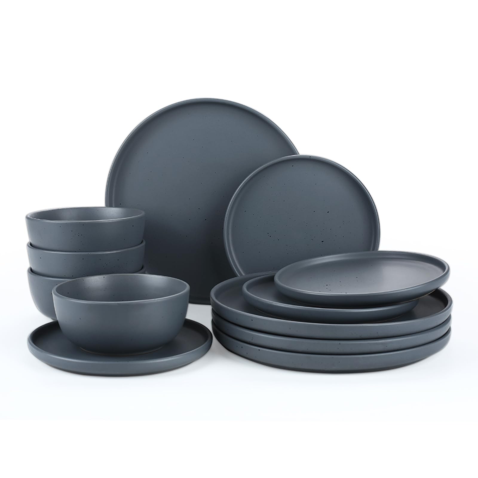 Famiware Nebula Ridge Stoneware Dinnerware Sets, Plates and Bowls Sets for 4, 12 Pieces Dishes Set, Microwave and Dishwasher Safe Kitchen Plates, Light Gray