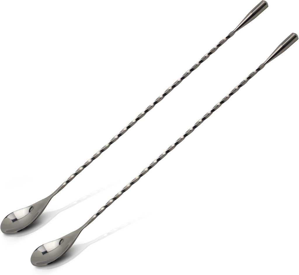 Bar Spoon: 12.5” Stainless Steel Cocktail Mixing Spoon, Long Handle Spiral Design with Weighted Teardrop End (Set of 2)