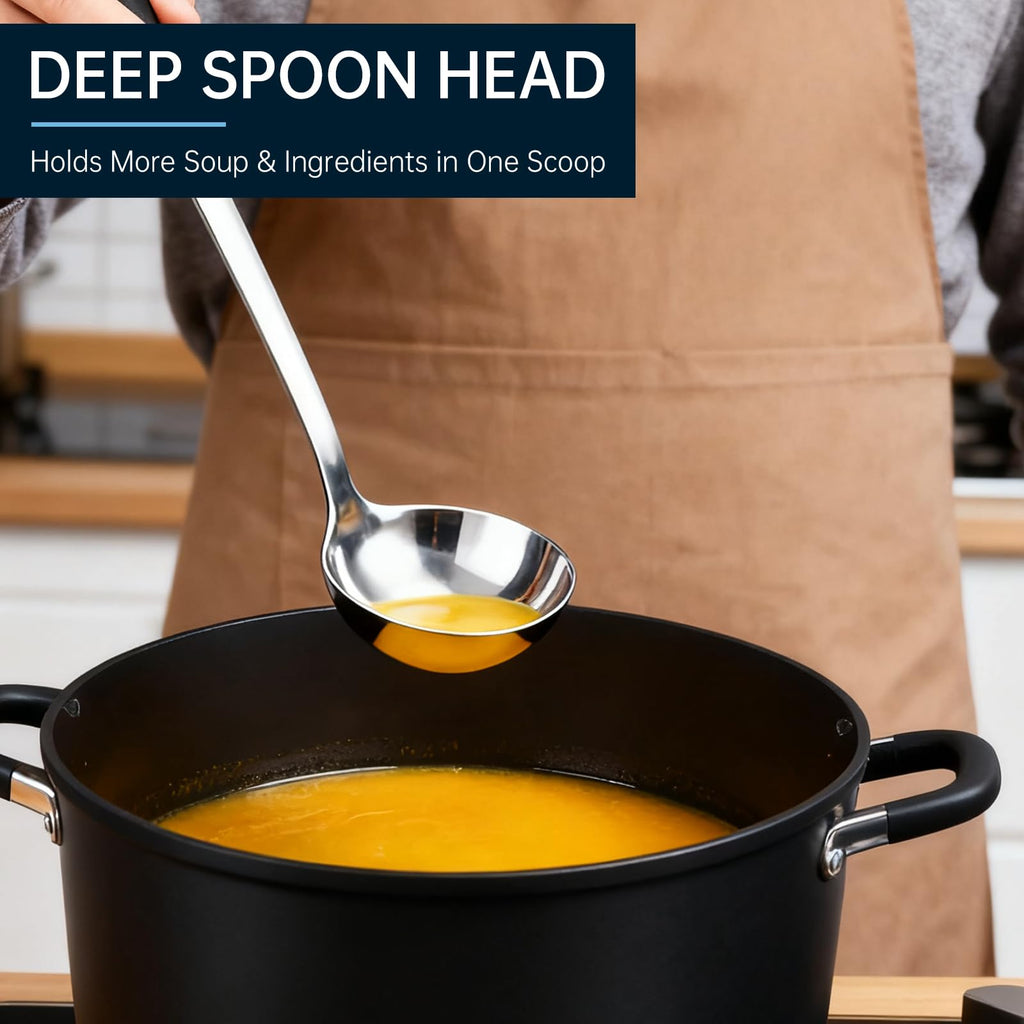 Stainless Steel Soup Ladle and Spaghetti Spoon Set, Heat Resistant Rubber Handle, Dishwasher Safe, Kitchen Utensils for Cooking, Stirring, Serving Pasta, Soup & Sauce