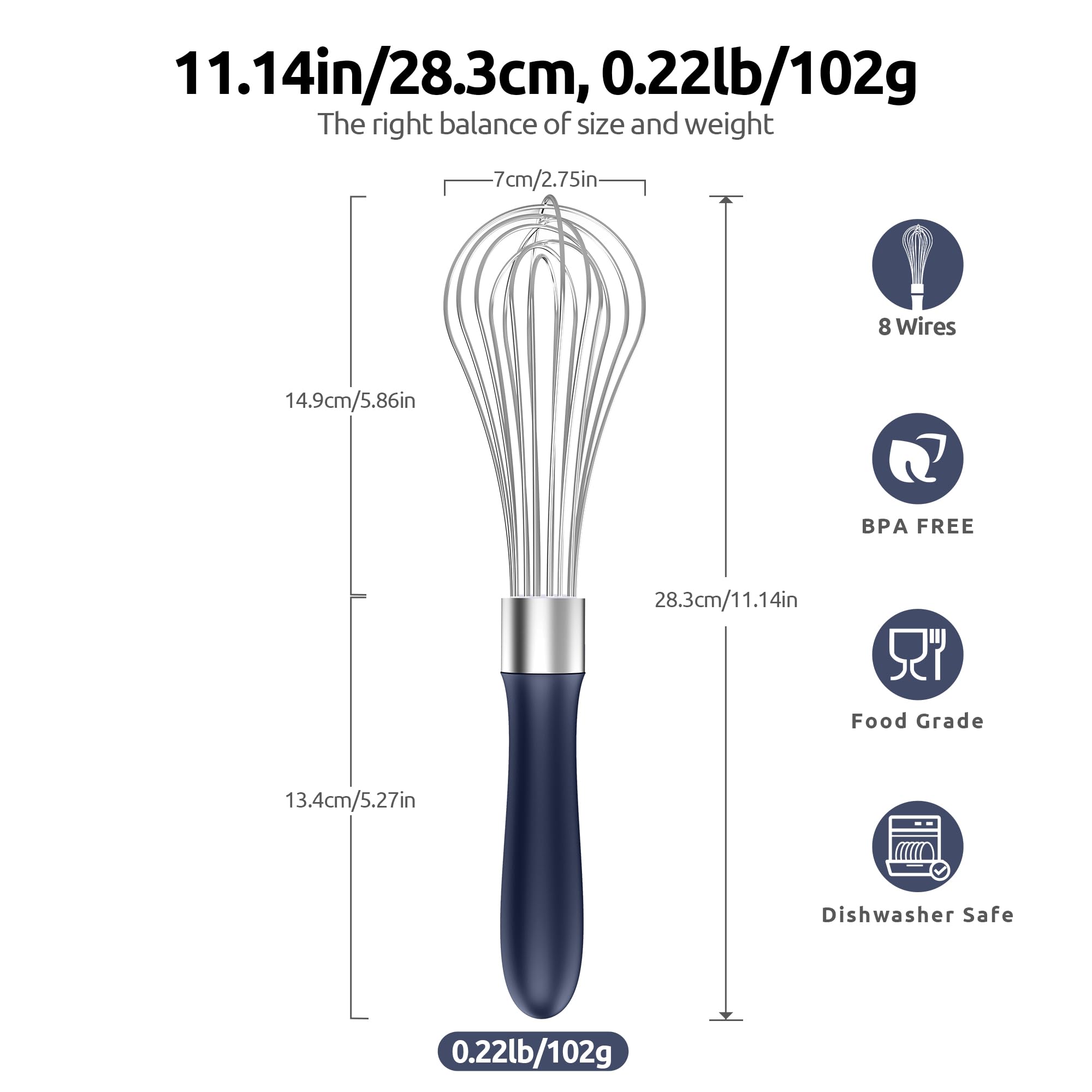 U-Taste Balloon Whisk for Cooking: 18/10 Stainless Steel Kitchen Wire Whisk, Medium Heavy Duty Egg Beater, Manual Baking Mixing Tool with 8 High Flex Wires for Stirring, Blending Sauce (Black)