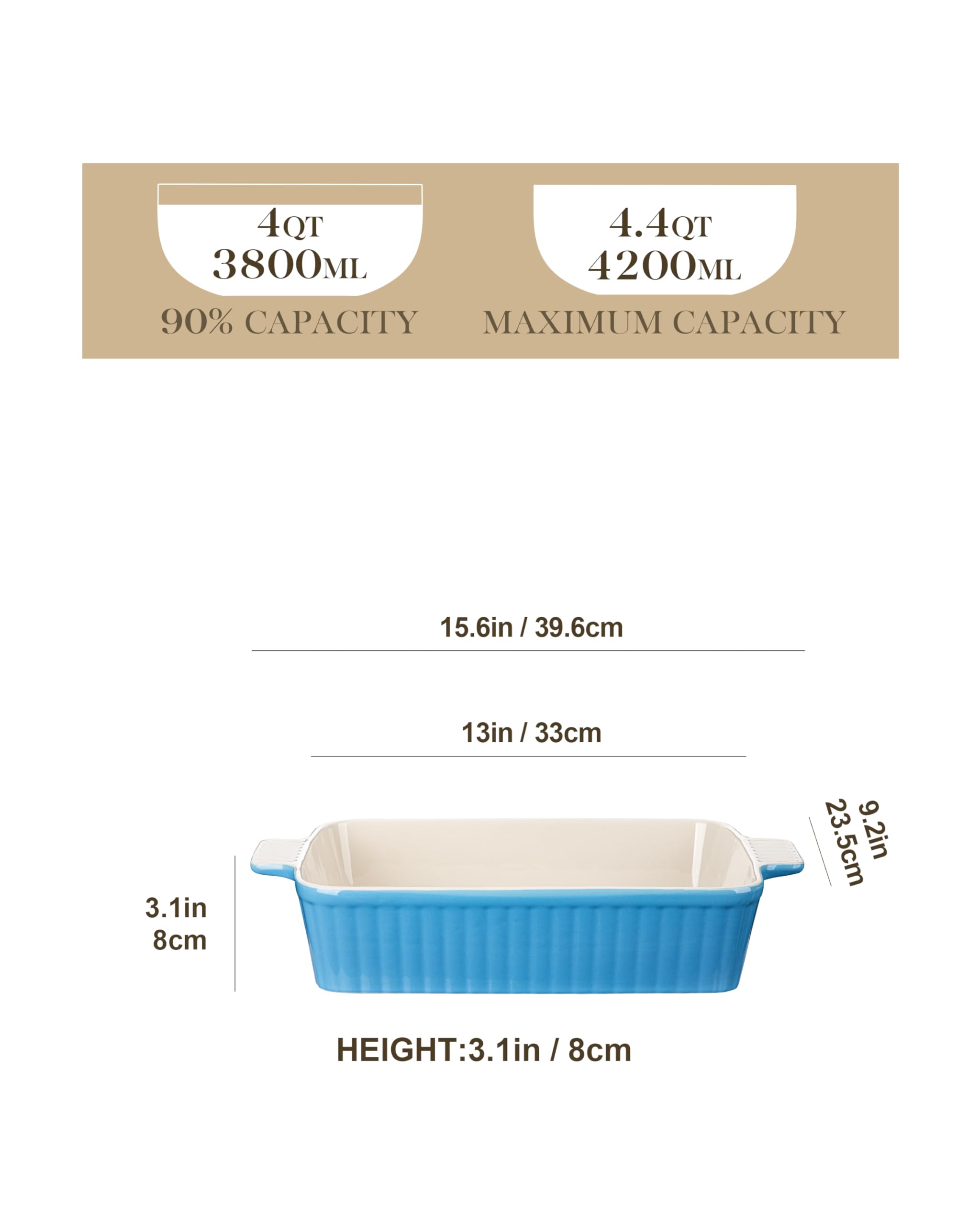 MALACASA 4.4 QT Baking Dish, 9x13 Large Casserole Dish for Oven, Ceramic Baking Pan, Rectangular Lasagna Pan Deep with Handles for Baking, Durable Microwave Oven Safe, Wedding Gift,White, Series BAKE-BAKE