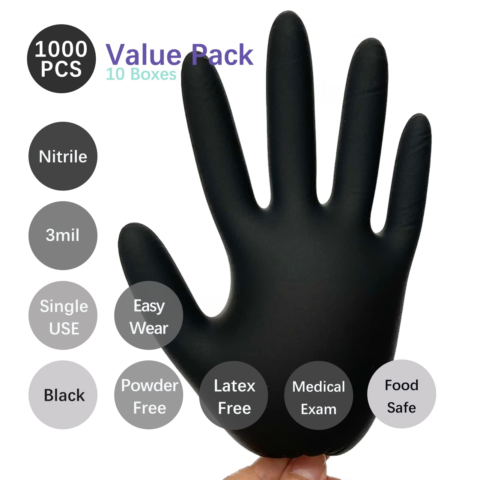 Nitrile Gloves - 3 Mil - Food Safe & Medical Exam Disposable Gloves - Latex Free Powder Free Non-Sterile