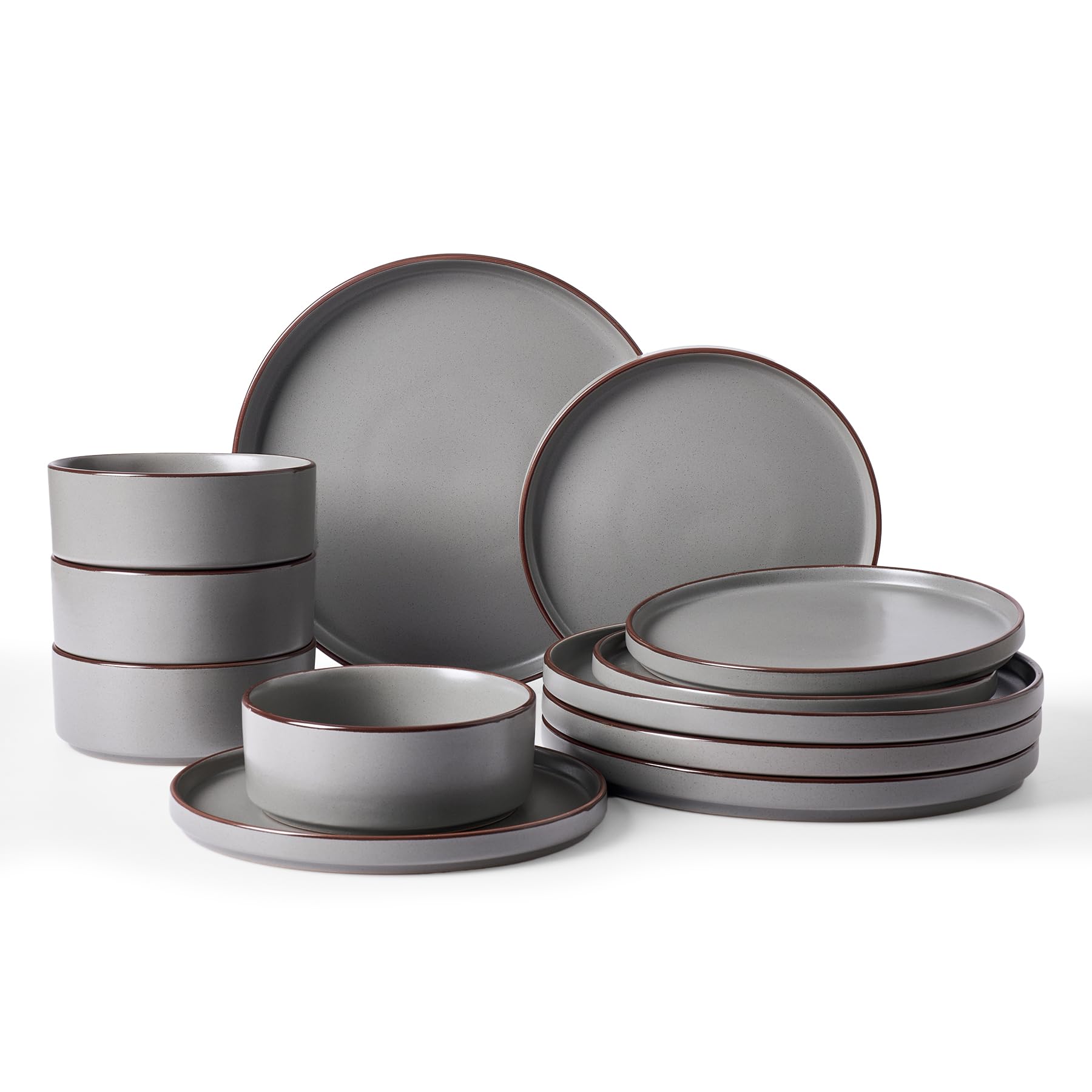 Famiware Nebula Ridge Stoneware Dinnerware Sets, Plates and Bowls Sets for 4, 12 Pieces Dishes Set, Microwave and Dishwasher Safe Kitchen Plates, Light Gray