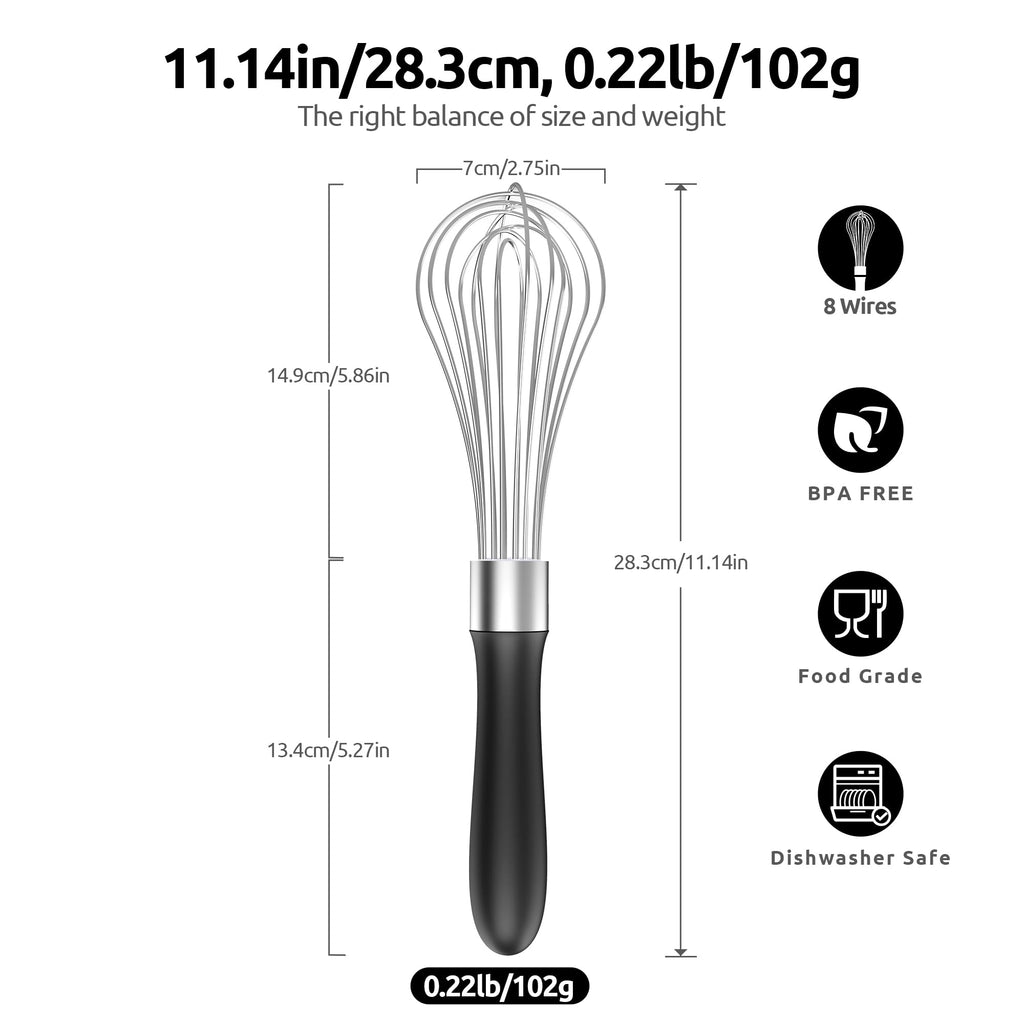 U-Taste Balloon Whisk for Cooking: 18/10 Stainless Steel Kitchen Wire Whisk, Medium Heavy Duty Egg Beater, Manual Baking Mixing Tool with 8 High Flex Wires for Stirring, Blending Sauce (Black)