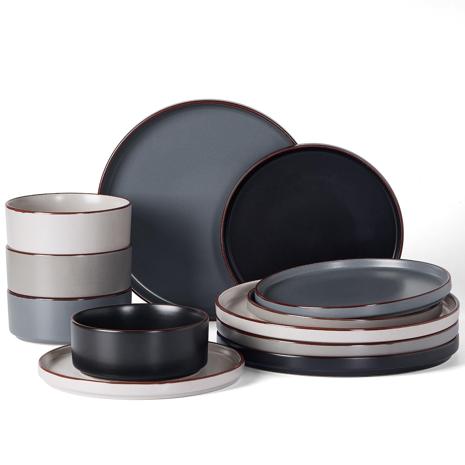 Famiware Nebula Ridge Stoneware Dinnerware Sets, Plates and Bowls Sets for 4, 12 Pieces Dishes Set, Microwave and Dishwasher Safe Kitchen Plates, Light Gray