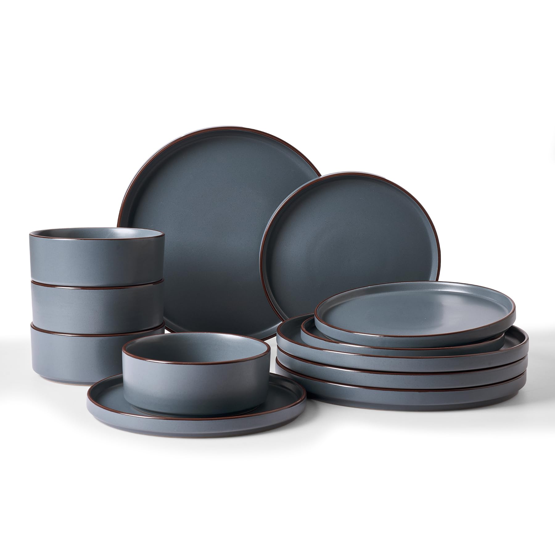Famiware Nebula Ridge Stoneware Dinnerware Sets, Plates and Bowls Sets for 4, 12 Pieces Dishes Set, Microwave and Dishwasher Safe Kitchen Plates, Light Gray