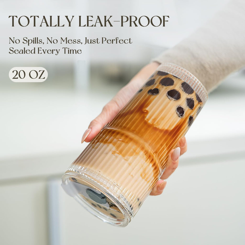 20oz Ribbed Glass Tumblers with 2 in 1 Lids & Extra-Wide 13mm Reusable Stainless Steel Straws, 2Pcs Leak-proof Vintage Drinking Glasses for Boba, Iced Coffee, Smoothies, Hot & Cold Drinks,Travel Cups