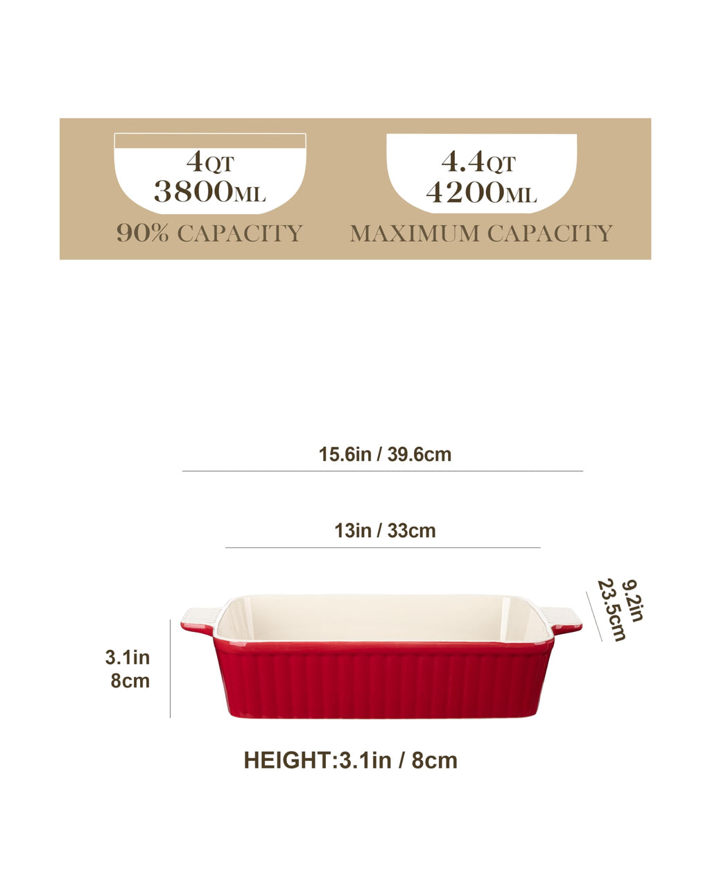 MALACASA 4.4 QT Baking Dish, 9x13 Large Casserole Dish for Oven, Ceramic Baking Pan, Rectangular Lasagna Pan Deep with Handles for Baking, Durable Microwave Oven Safe, Wedding Gift,White, Series BAKE-BAKE