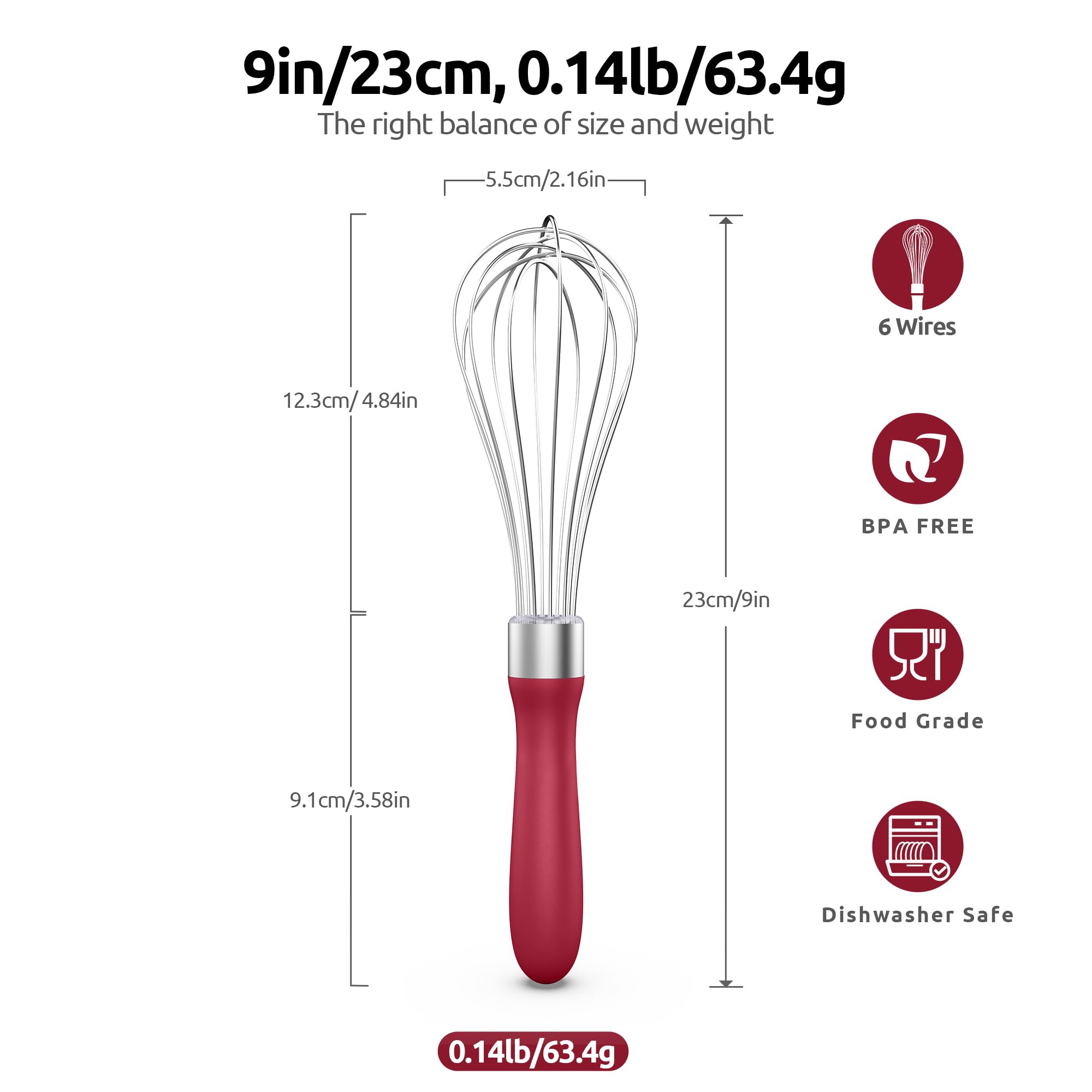 U-Taste Balloon Whisk for Cooking: 18/10 Stainless Steel Kitchen Wire Whisk, Medium Heavy Duty Egg Beater, Manual Baking Mixing Tool with 8 High Flex Wires for Stirring, Blending Sauce (Black)