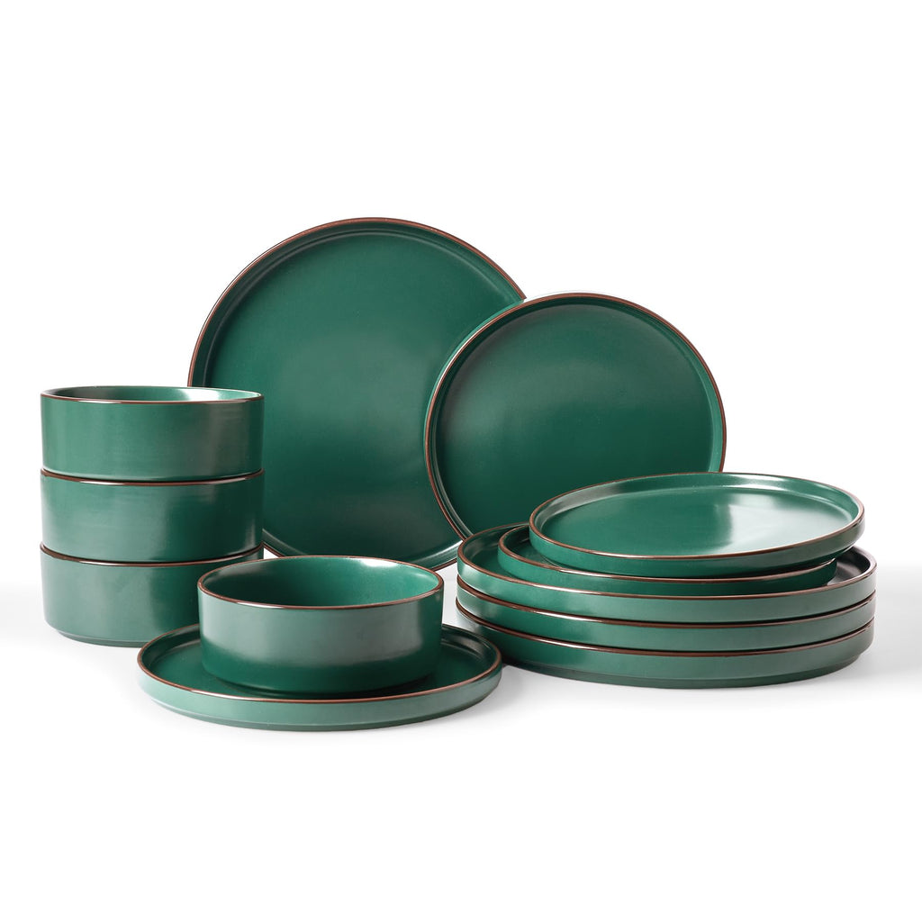 Famiware Nebula Ridge Stoneware Dinnerware Sets, Plates and Bowls Sets for 4, 12 Pieces Dishes Set, Microwave and Dishwasher Safe Kitchen Plates, Light Gray