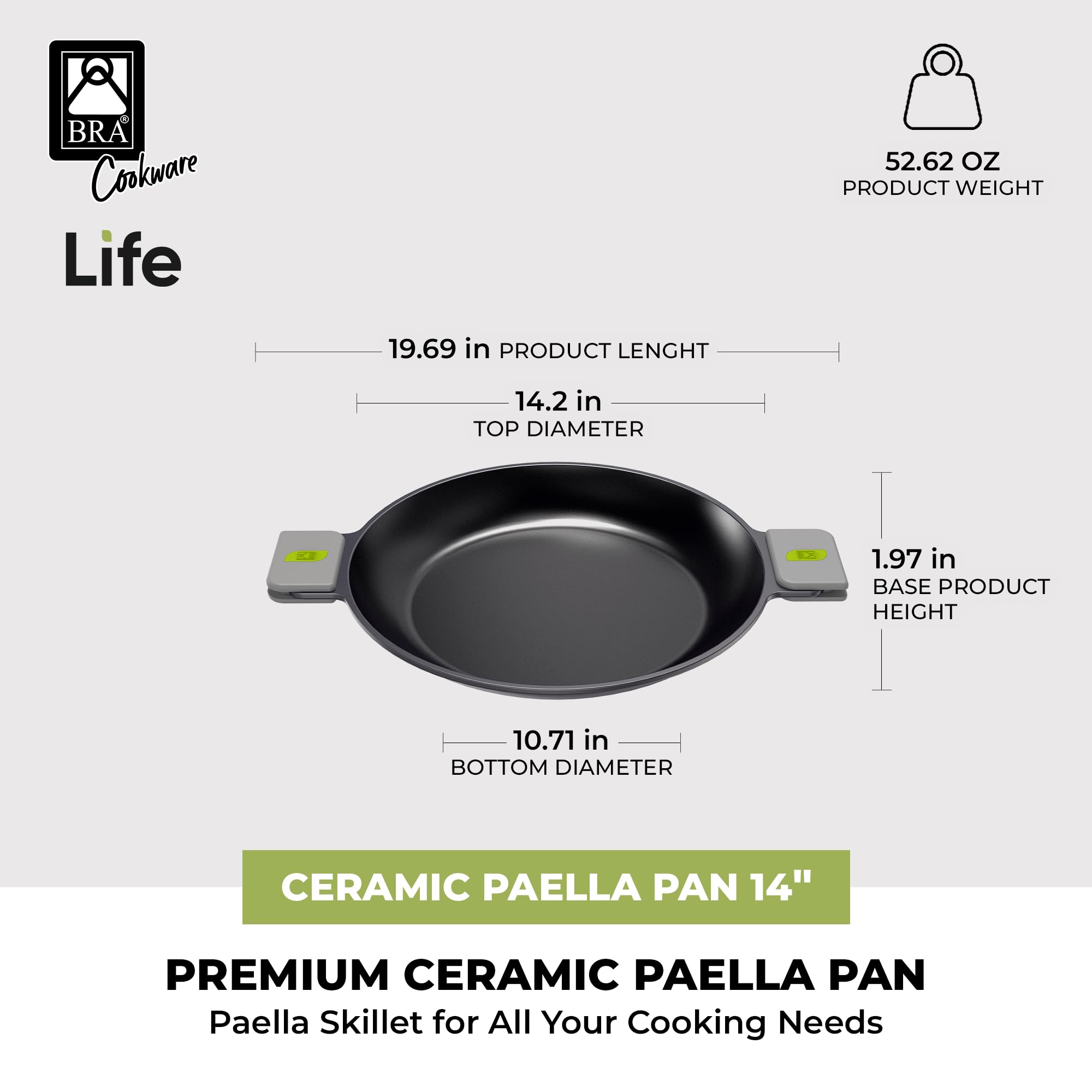 BRA COOKWARE Life Ceramic Nonstick Sauté Pan w/Glass Lid | 12.6 Inch 4.79 Quart Recycled Aluminum Deep Pan | Dual-Handle Braiser | Ceramic Non-Stick Coating | PFOA Free | All Cooktops & Oven Safe