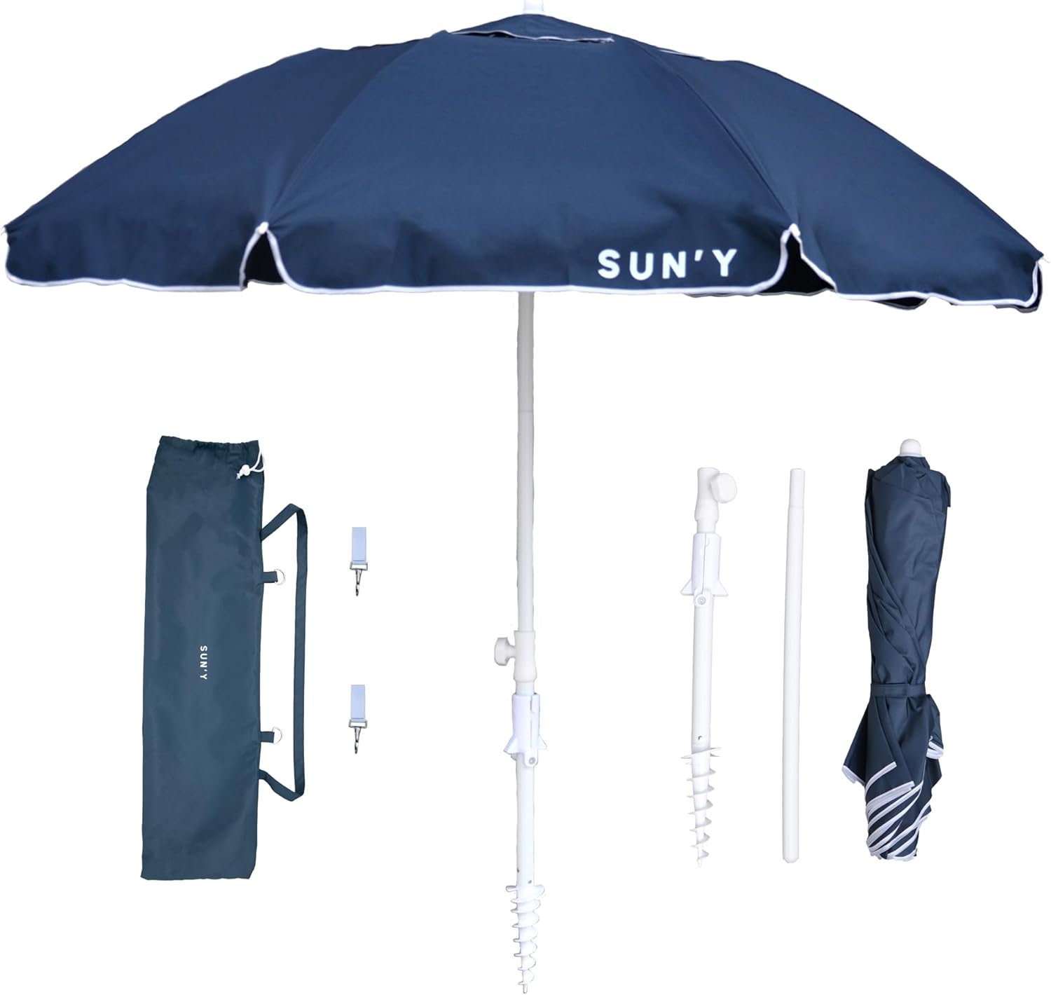 SUN'Y ESCAPES Beach Umbrella 6.5ft - Wind Resistant with Sand Anchor & Tilt, UPF 50+ Recycled Ocean Bound Fabric Canopy - Portable with Carry Bag