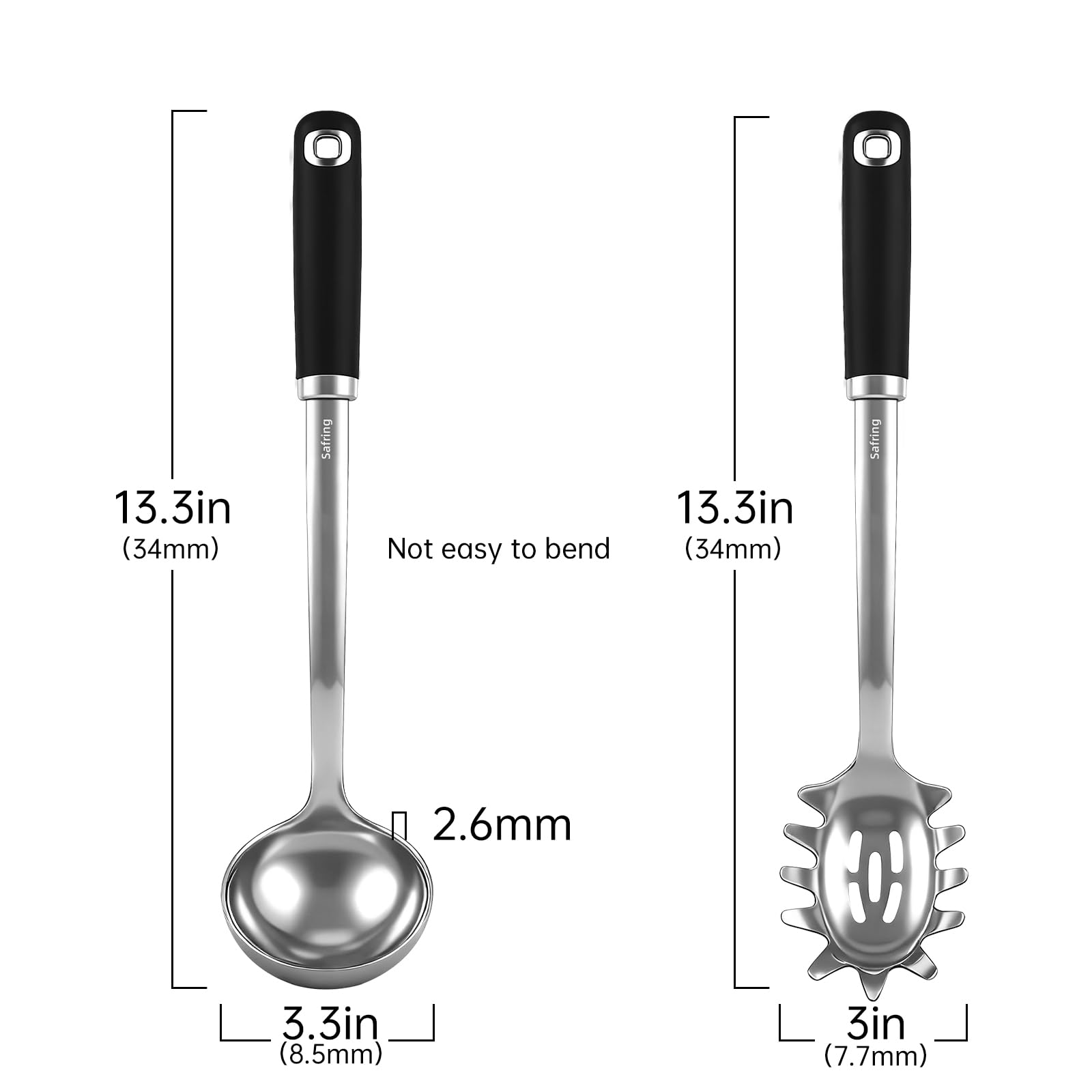 Stainless Steel Soup Ladle and Spaghetti Spoon Set, Heat Resistant Rubber Handle, Dishwasher Safe, Kitchen Utensils for Cooking, Stirring, Serving Pasta, Soup & Sauce