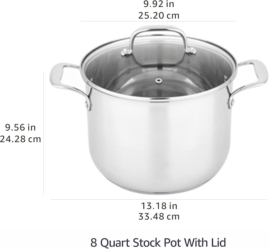 Amazon Basics Stainless Steel Induction Compatible Stock Pot with Glass Lid, Oven Safe, Dishwasher Safe, Sturdy, 8 Quart, Silver