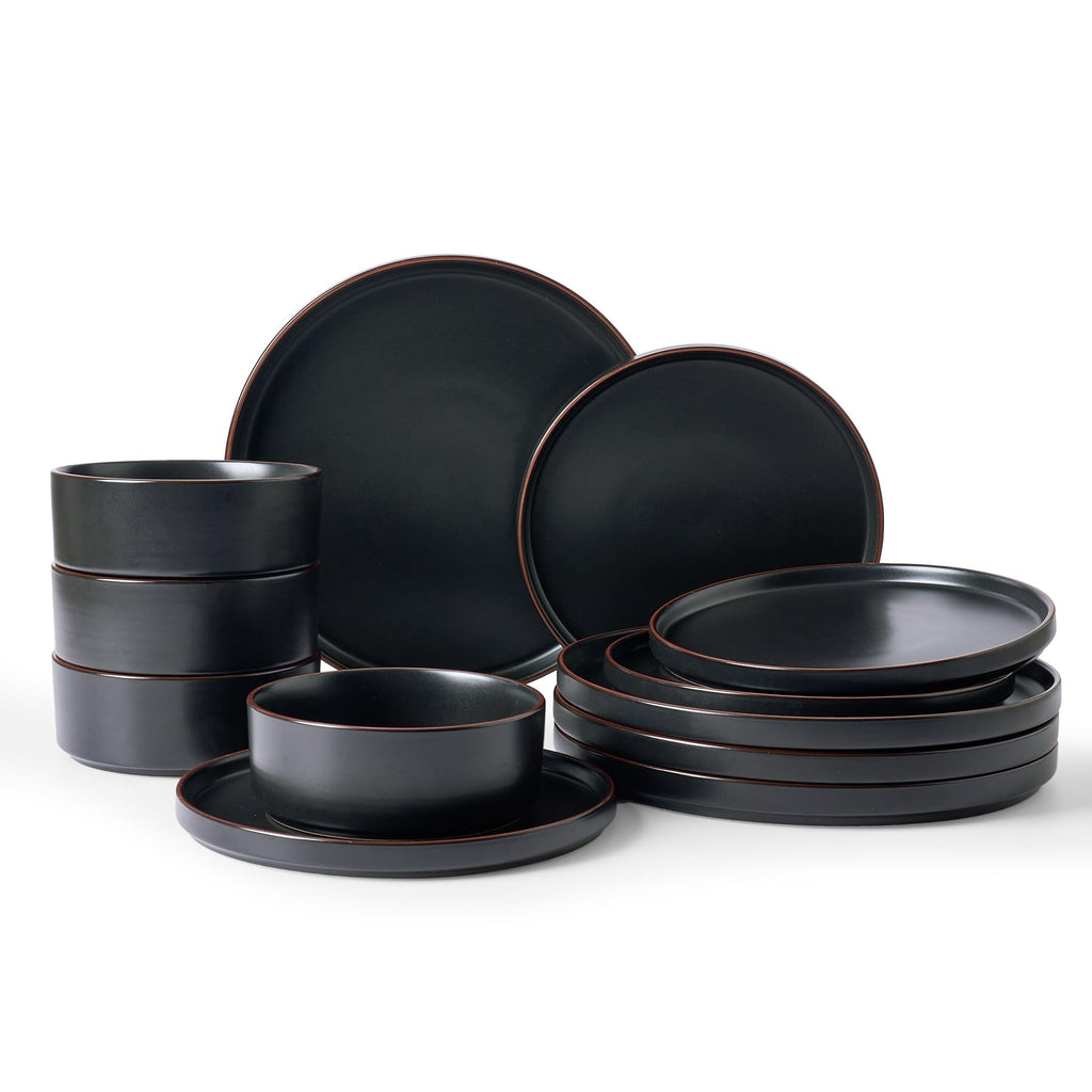 Famiware Nebula Ridge Stoneware Dinnerware Sets, Plates and Bowls Sets for 4, 12 Pieces Dishes Set, Microwave and Dishwasher Safe Kitchen Plates, Light Gray