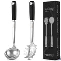 Stainless Steel Soup Ladle and Spaghetti Spoon Set, Heat Resistant Rubber Handle, Dishwasher Safe, Kitchen Utensils for Cooking, Stirring, Serving Pasta, Soup & Sauce