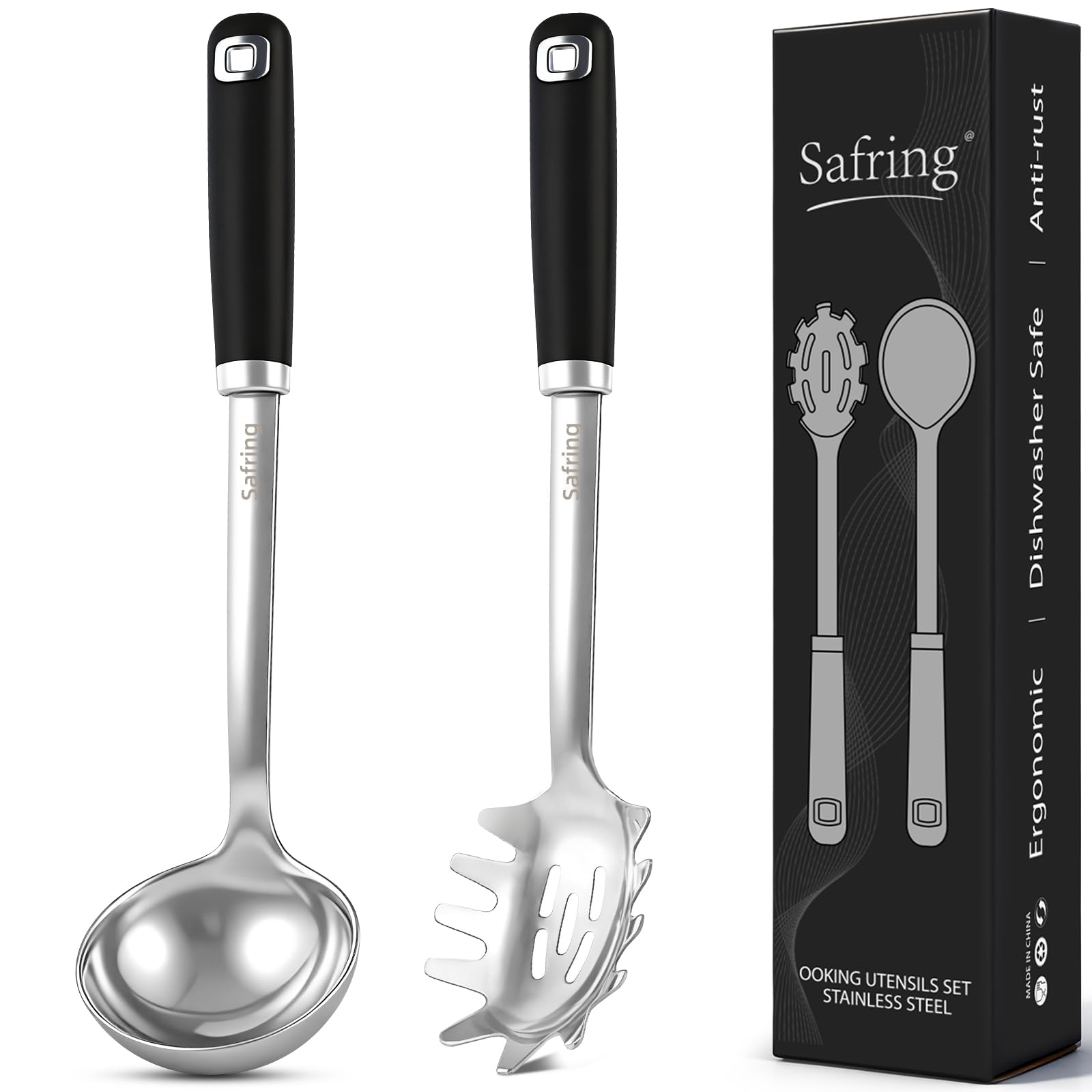 Stainless Steel Soup Ladle and Spaghetti Spoon Set, Heat Resistant Rubber Handle, Dishwasher Safe, Kitchen Utensils for Cooking, Stirring, Serving Pasta, Soup & Sauce