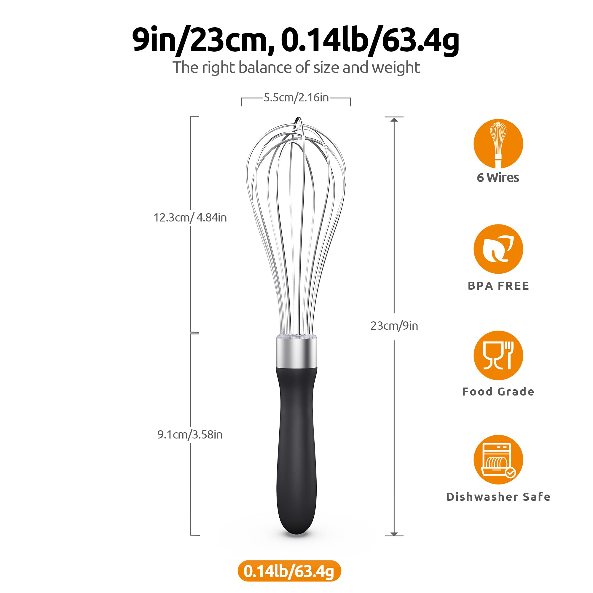 U-Taste Balloon Whisk for Cooking: 18/10 Stainless Steel Kitchen Wire Whisk, Medium Heavy Duty Egg Beater, Manual Baking Mixing Tool with 8 High Flex Wires for Stirring, Blending Sauce (Black)