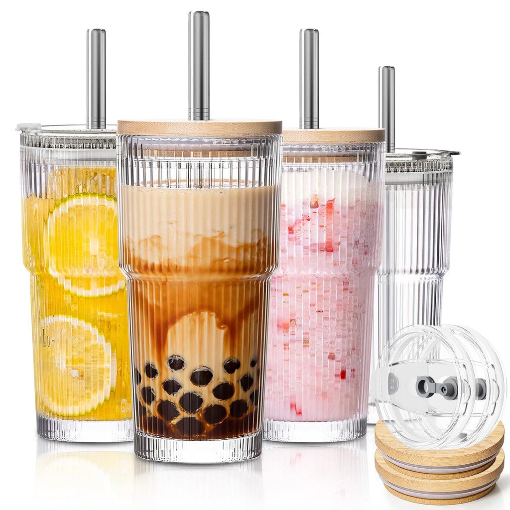 20oz Ribbed Glass Tumblers with 2 in 1 Lids & Extra-Wide 13mm Reusable Stainless Steel Straws, 2Pcs Leak-proof Vintage Drinking Glasses for Boba, Iced Coffee, Smoothies, Hot & Cold Drinks,Travel Cups