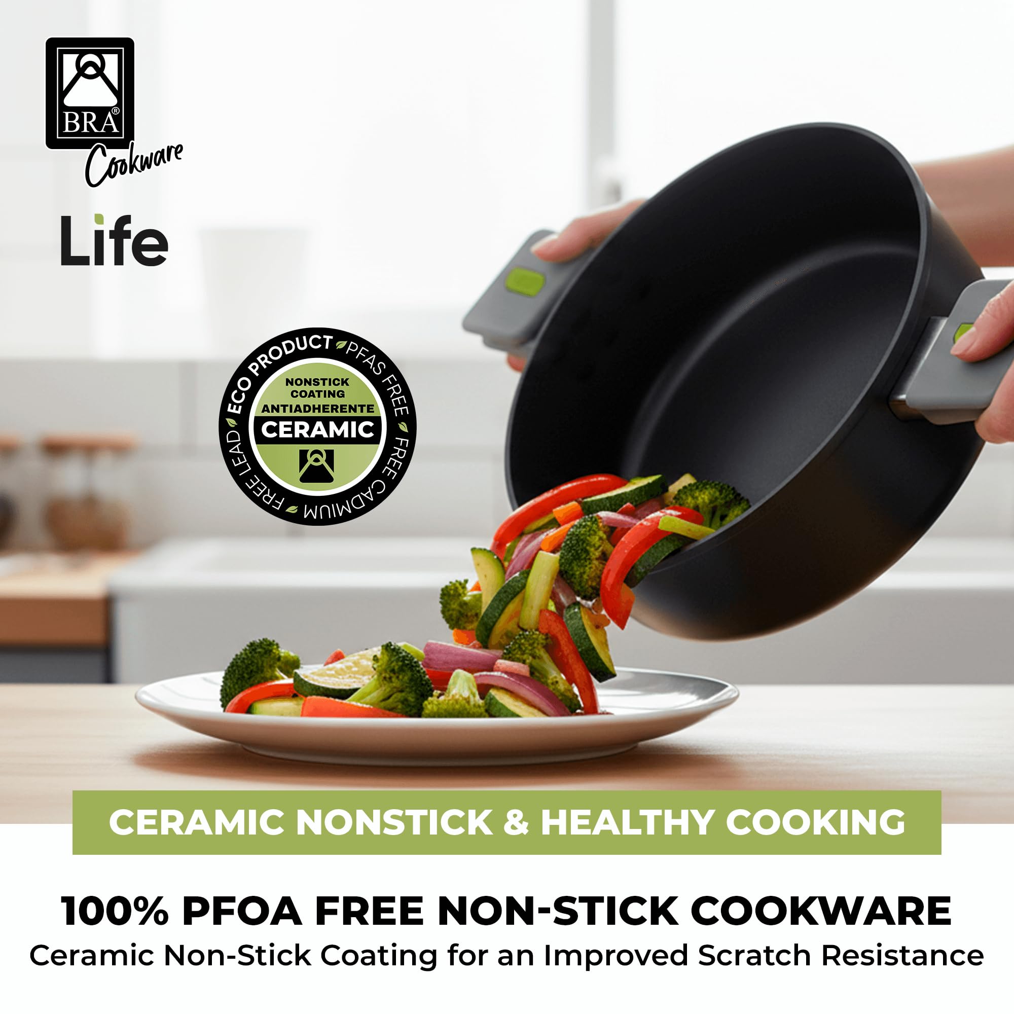 BRA COOKWARE Life Ceramic Nonstick Sauté Pan w/Glass Lid | 12.6 Inch 4.79 Quart Recycled Aluminum Deep Pan | Dual-Handle Braiser | Ceramic Non-Stick Coating | PFOA Free | All Cooktops & Oven Safe