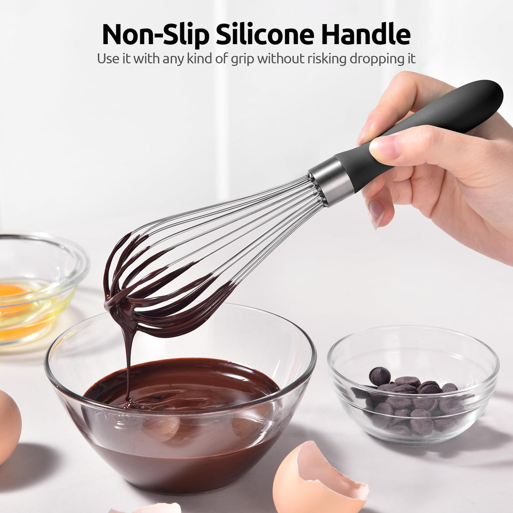 U-Taste Balloon Whisk for Cooking: 18/10 Stainless Steel Kitchen Wire Whisk, Medium Heavy Duty Egg Beater, Manual Baking Mixing Tool with 8 High Flex Wires for Stirring, Blending Sauce (Black)