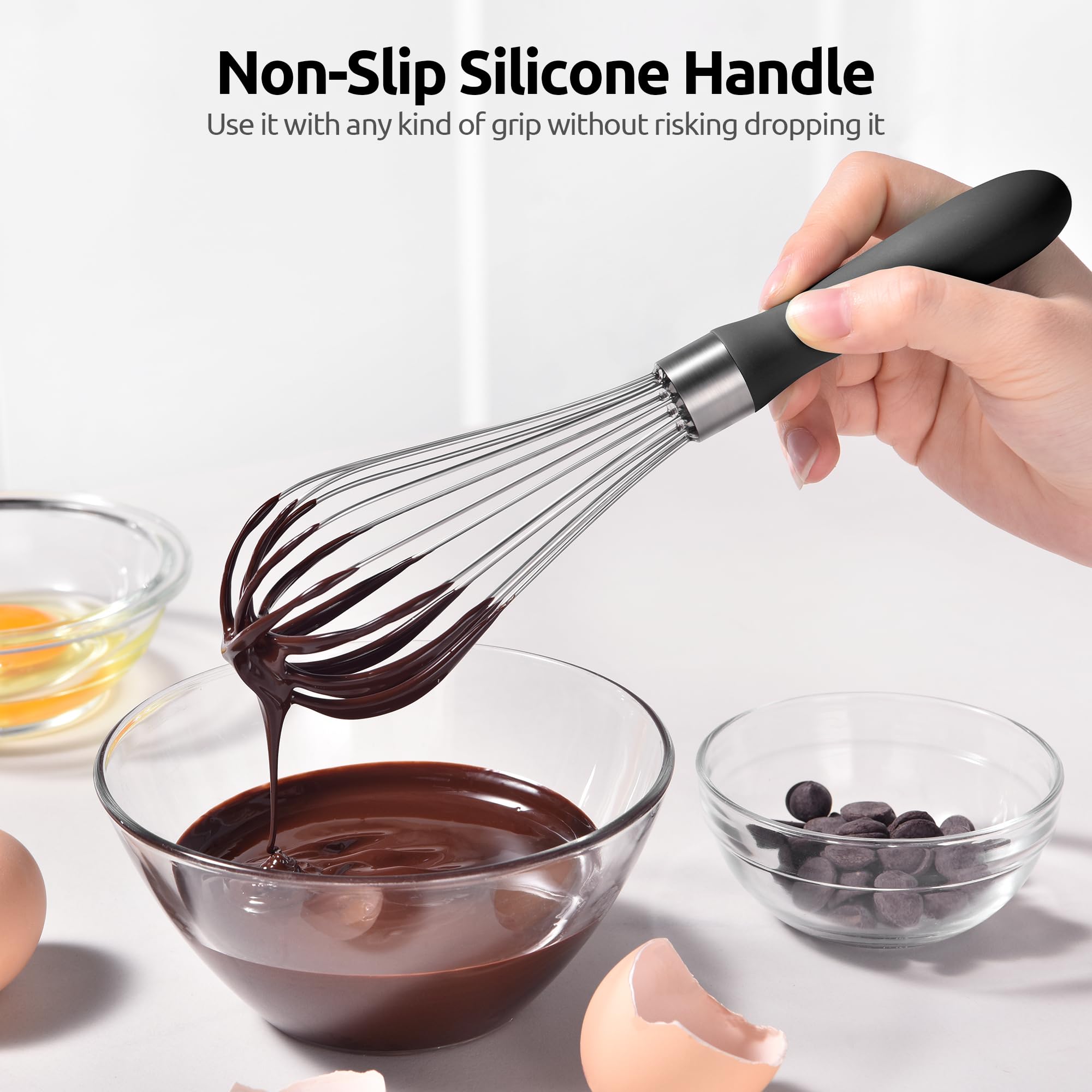 U-Taste Balloon Whisk for Cooking: 18/10 Stainless Steel Kitchen Wire Whisk, Medium Heavy Duty Egg Beater, Manual Baking Mixing Tool with 8 High Flex Wires for Stirring, Blending Sauce (Black)