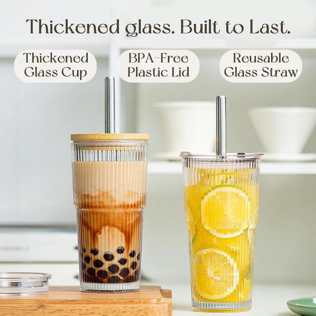 20oz Ribbed Glass Tumblers with 2 in 1 Lids & Extra-Wide 13mm Reusable Stainless Steel Straws, 2Pcs Leak-proof Vintage Drinking Glasses for Boba, Iced Coffee, Smoothies, Hot & Cold Drinks,Travel Cups