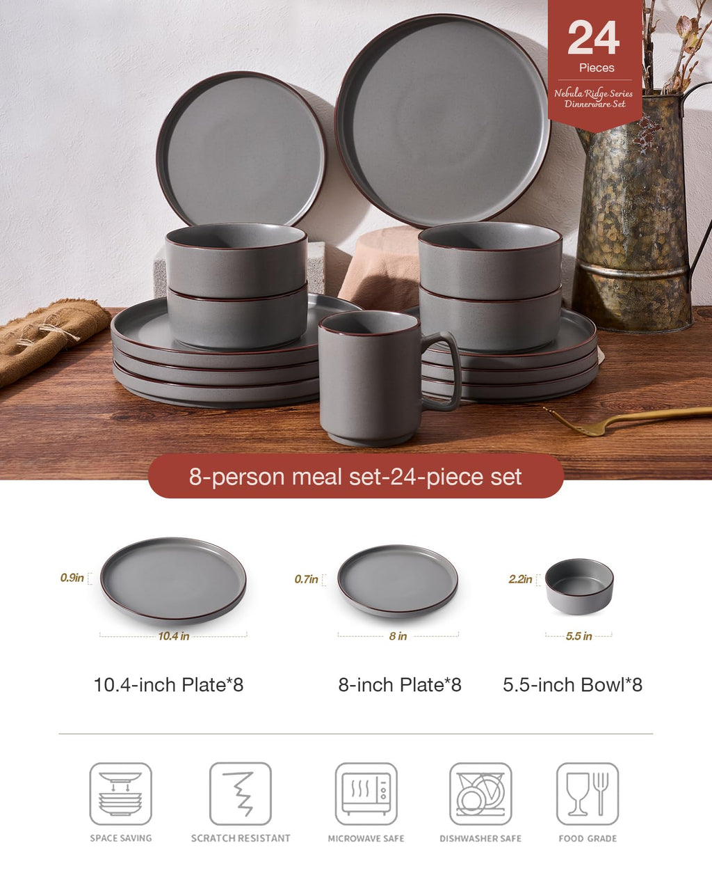 Famiware Nebula Ridge Stoneware Dinnerware Sets, Plates and Bowls Sets for 4, 12 Pieces Dishes Set, Microwave and Dishwasher Safe Kitchen Plates, Light Gray