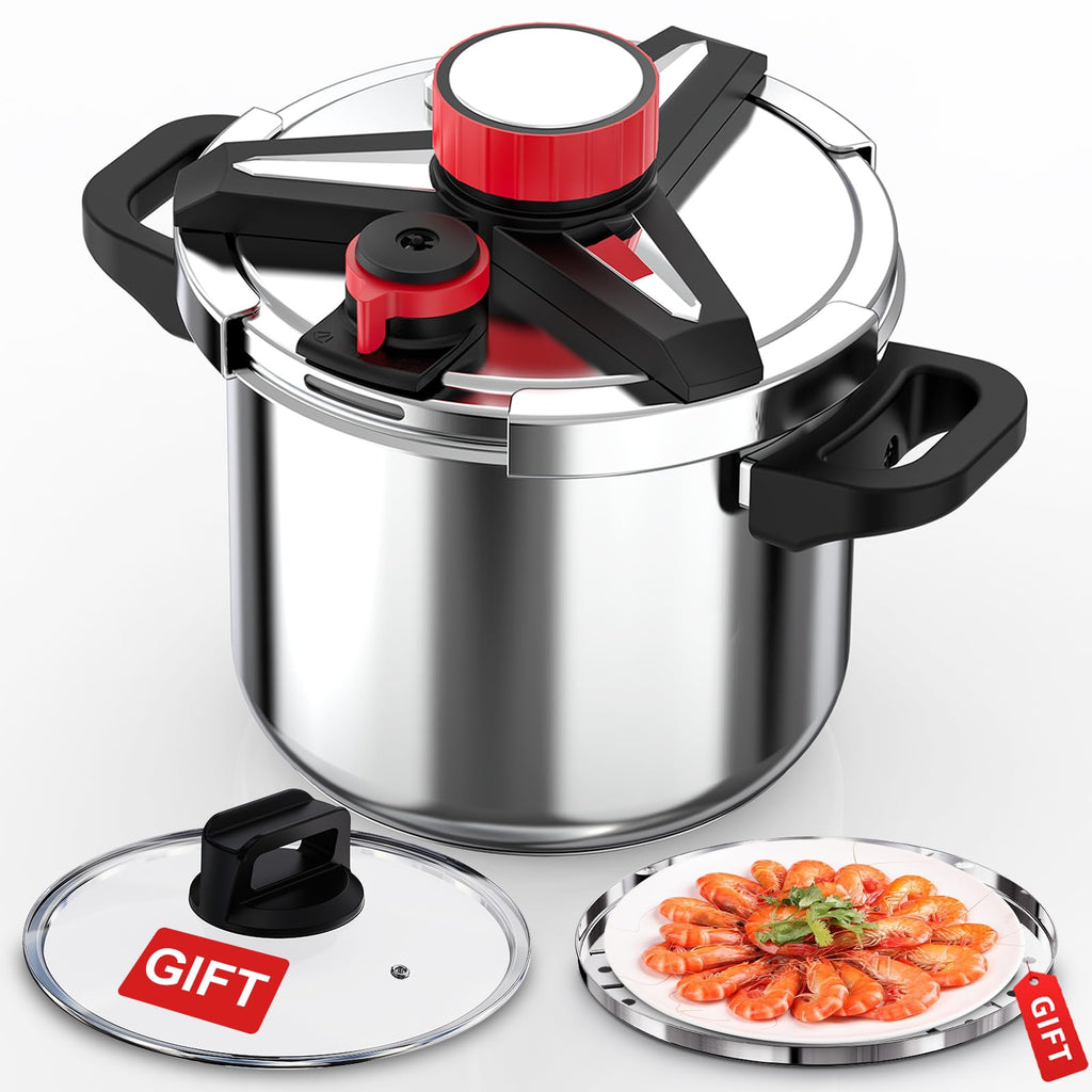 18/8 Stainless Steel Pressure Cooker 6 Quart, [One-Hand Locking] Olla de Presion, [3-In-1] Pressure Cooker, Includes Glass Lid & Steamer, Induction Compatible, Gas Stovetop Compatible