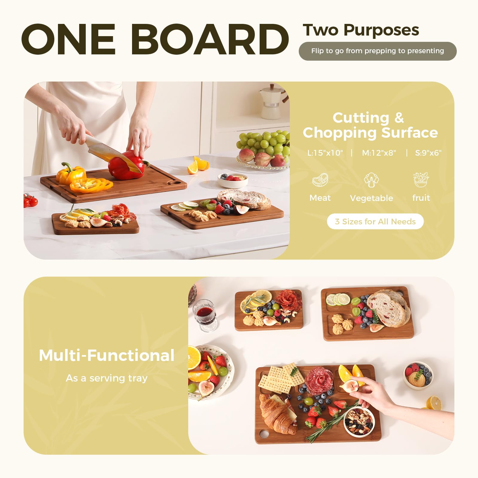 Bamboo Cutting Board for Kitchen – 3-Piece Wooden Boards with Juice Grooves, Side Handles, Non-Slip Mats – Perfect for Meat, Veggies Fruit,Cutting Board & Knife Sets – Ideal Kitchen Gift