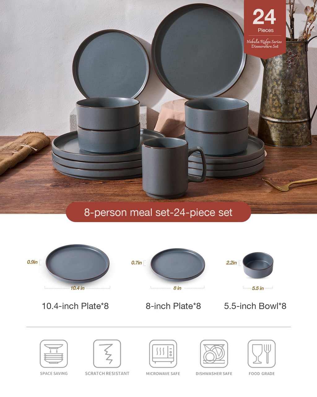 Famiware Nebula Ridge Stoneware Dinnerware Sets, Plates and Bowls Sets for 4, 12 Pieces Dishes Set, Microwave and Dishwasher Safe Kitchen Plates, Light Gray