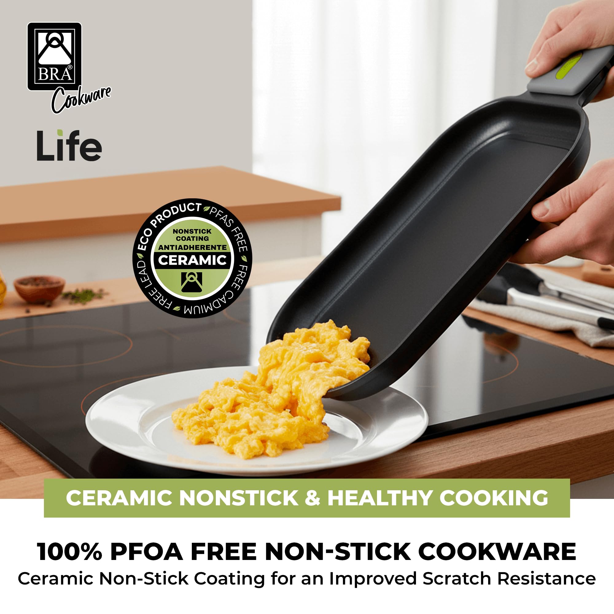 BRA COOKWARE Life Ceramic Nonstick Sauté Pan w/Glass Lid | 12.6 Inch 4.79 Quart Recycled Aluminum Deep Pan | Dual-Handle Braiser | Ceramic Non-Stick Coating | PFOA Free | All Cooktops & Oven Safe