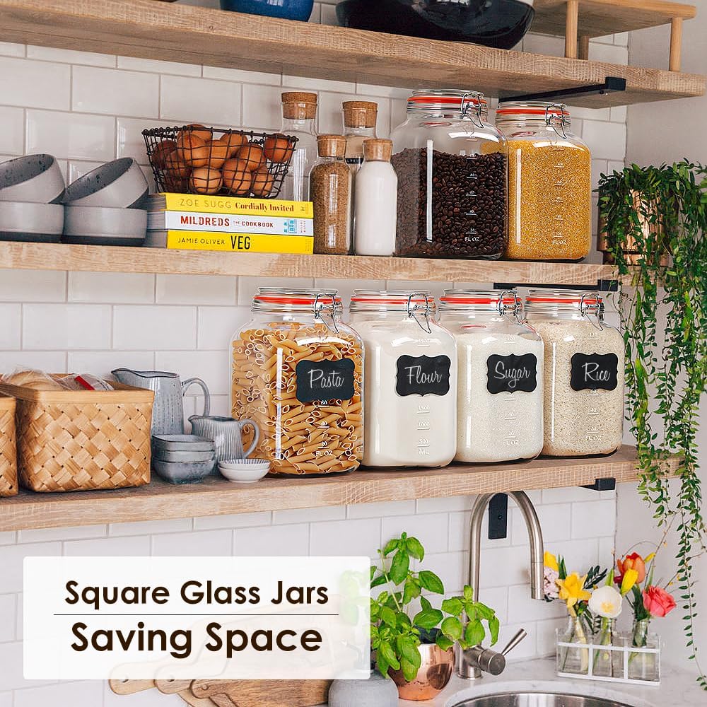 [UPGRADE] 2 Pack Square Super Wide Mouth Airtight Glass Storage Jars with Lids, 1.1 Gallon Glass Container with 2 Measurement Marks, Canning Jars with Leak-proof Lid for Kitchen (Spare Gasket)