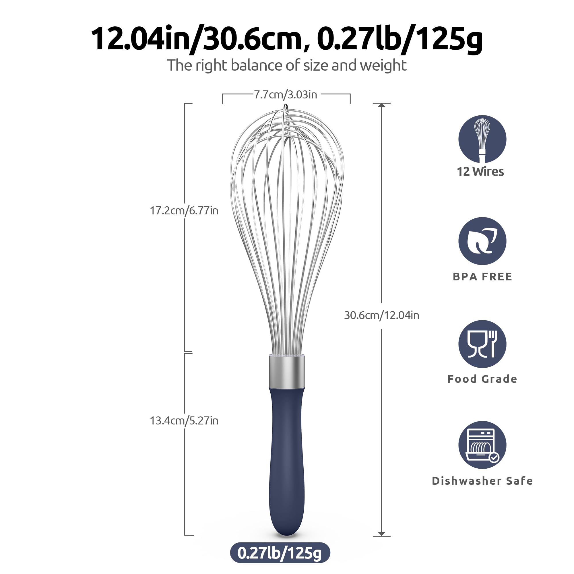 U-Taste Balloon Whisk for Cooking: 18/10 Stainless Steel Kitchen Wire Whisk, Medium Heavy Duty Egg Beater, Manual Baking Mixing Tool with 8 High Flex Wires for Stirring, Blending Sauce (Black)