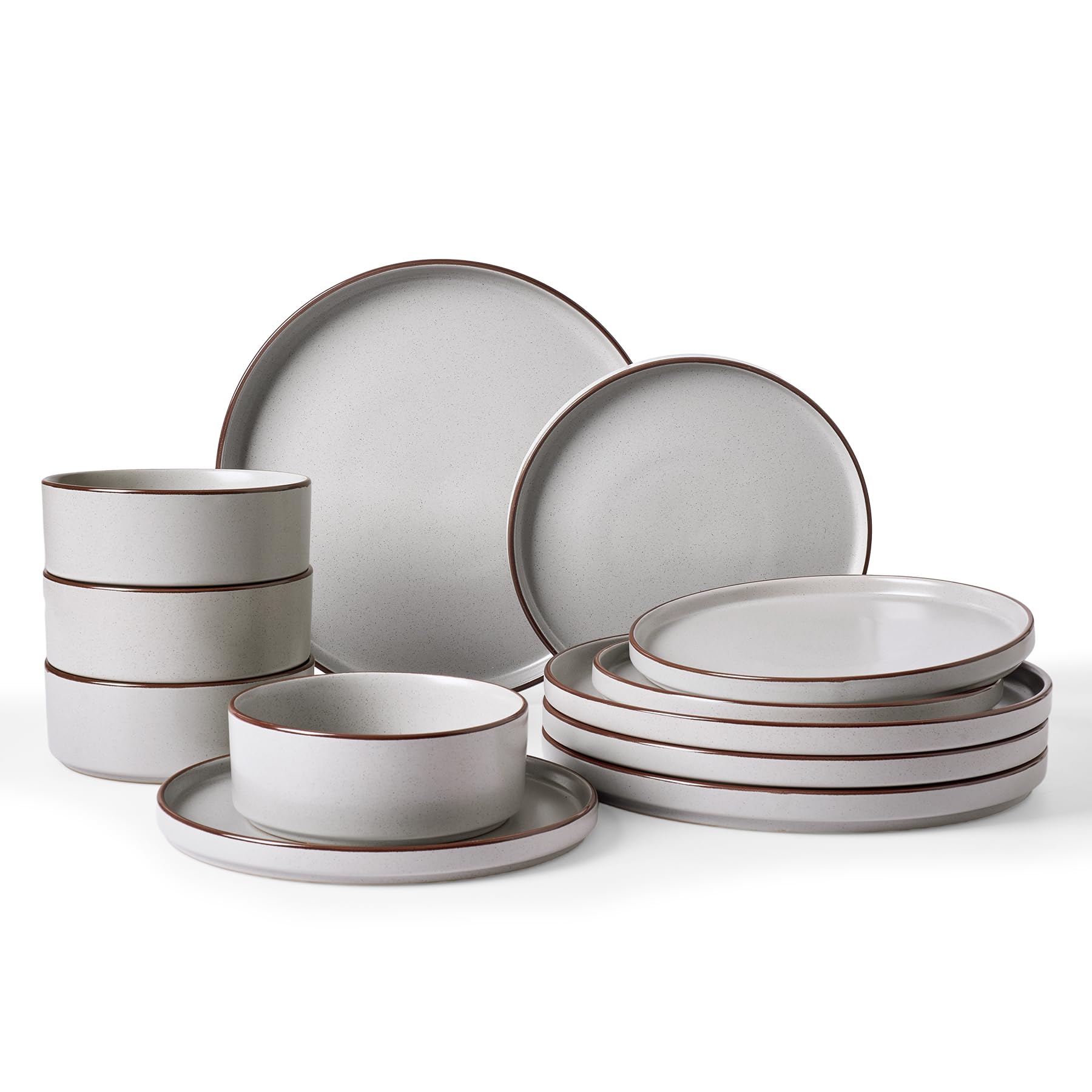 Famiware Nebula Ridge Stoneware Dinnerware Sets, Plates and Bowls Sets for 4, 12 Pieces Dishes Set, Microwave and Dishwasher Safe Kitchen Plates, Light Gray