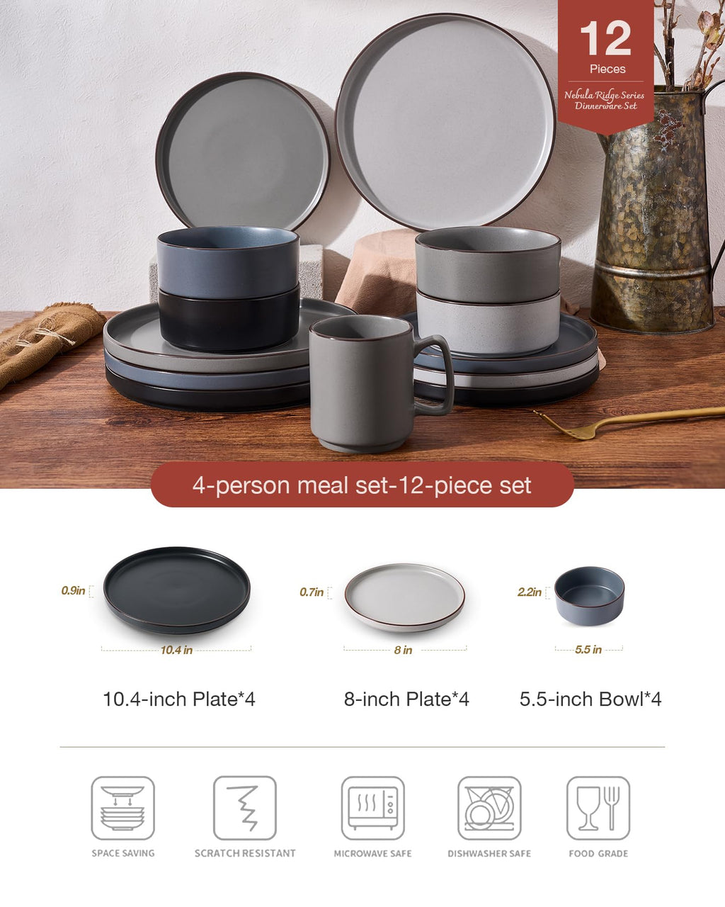 Famiware Nebula Ridge Stoneware Dinnerware Sets, Plates and Bowls Sets for 4, 12 Pieces Dishes Set, Microwave and Dishwasher Safe Kitchen Plates, Light Gray