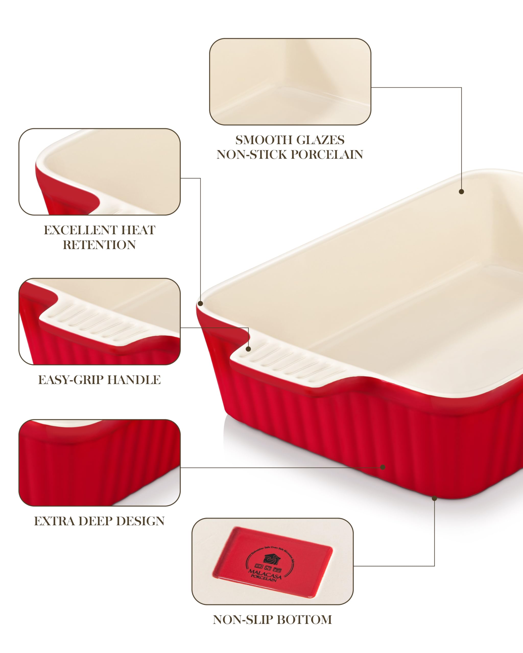 MALACASA 4.4 QT Baking Dish, 9x13 Large Casserole Dish for Oven, Ceramic Baking Pan, Rectangular Lasagna Pan Deep with Handles for Baking, Durable Microwave Oven Safe, Wedding Gift,White, Series BAKE-BAKE