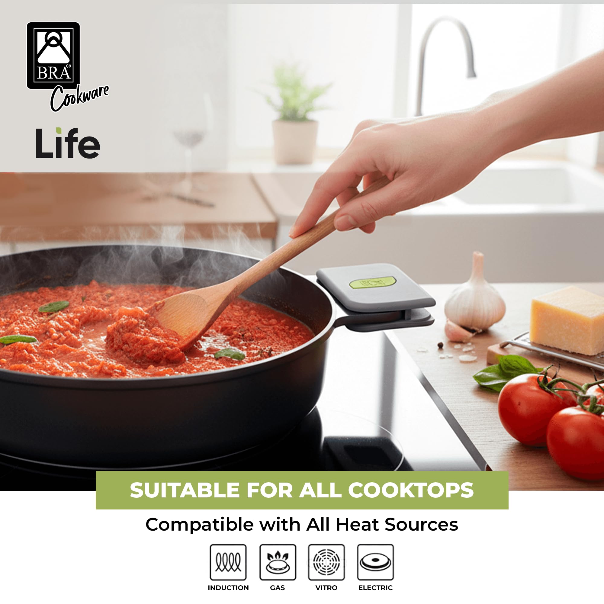 BRA COOKWARE Life Ceramic Nonstick Sauté Pan w/Glass Lid | 12.6 Inch 4.79 Quart Recycled Aluminum Deep Pan | Dual-Handle Braiser | Ceramic Non-Stick Coating | PFOA Free | All Cooktops & Oven Safe
