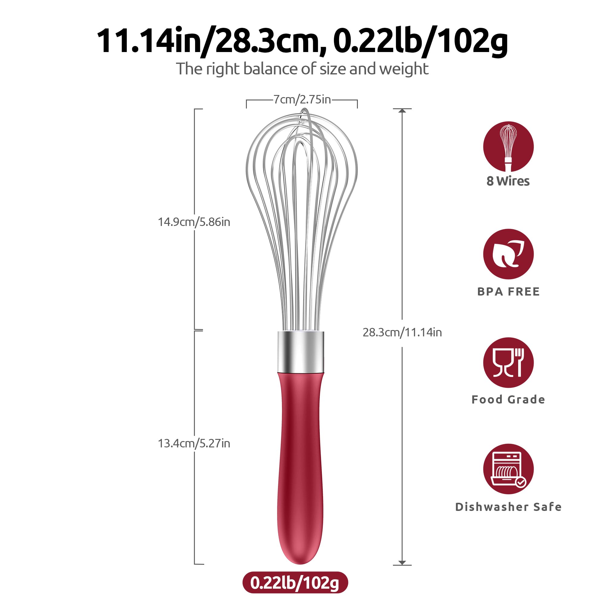 U-Taste Balloon Whisk for Cooking: 18/10 Stainless Steel Kitchen Wire Whisk, Medium Heavy Duty Egg Beater, Manual Baking Mixing Tool with 8 High Flex Wires for Stirring, Blending Sauce (Black)