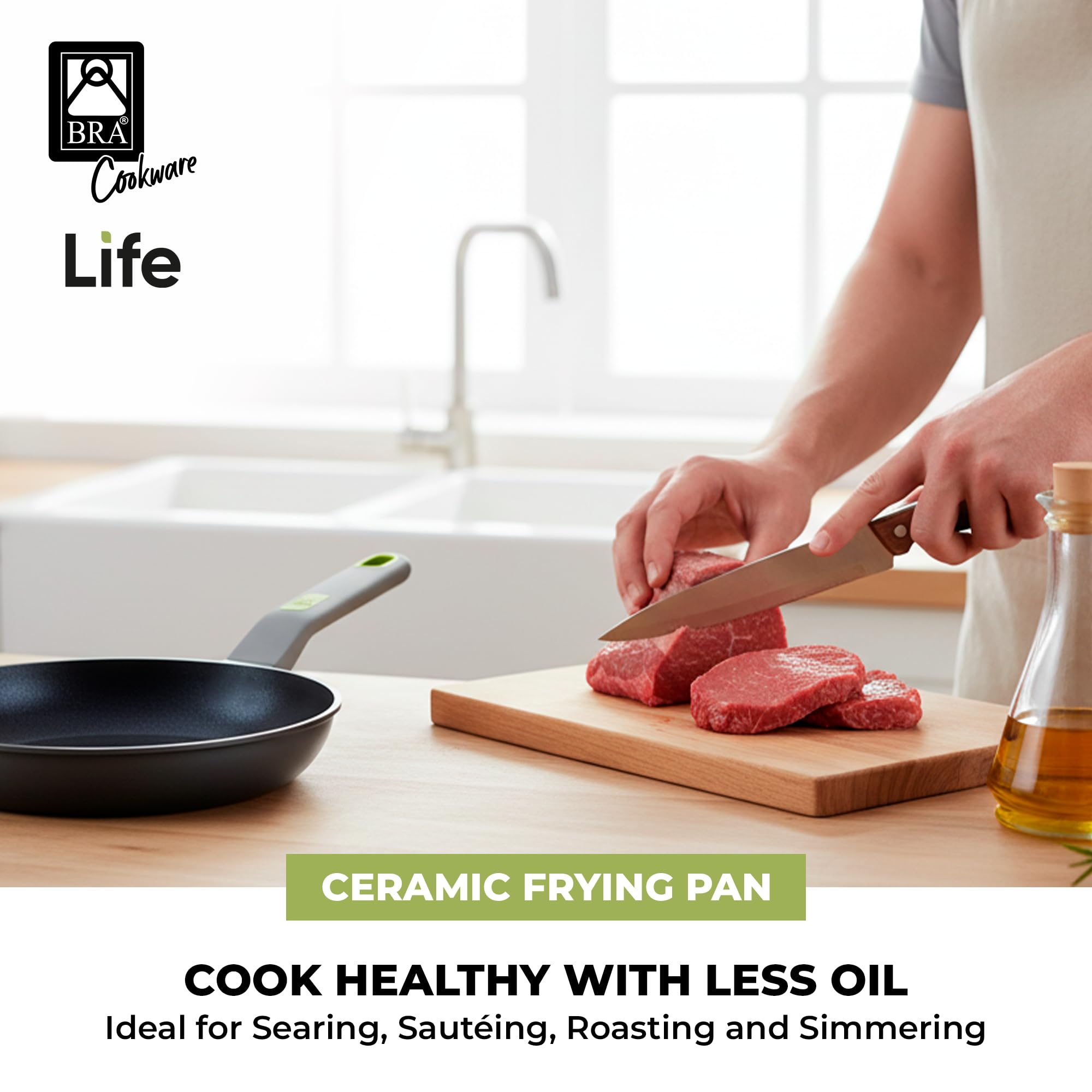 BRA COOKWARE Life Ceramic Nonstick Sauté Pan w/Glass Lid | 12.6 Inch 4.79 Quart Recycled Aluminum Deep Pan | Dual-Handle Braiser | Ceramic Non-Stick Coating | PFOA Free | All Cooktops & Oven Safe