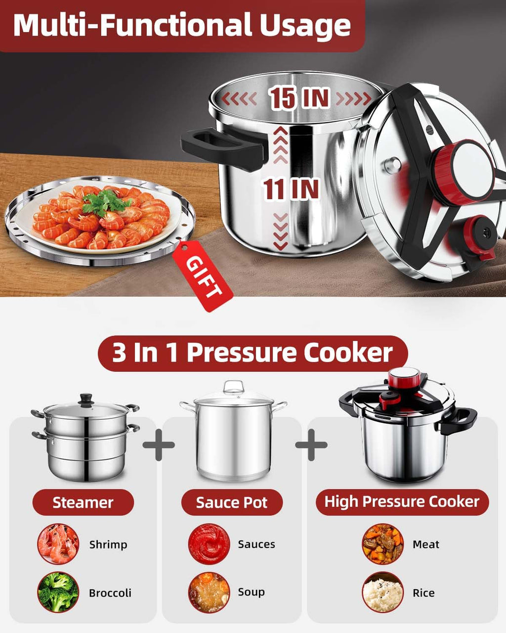 18/8 Stainless Steel Pressure Cooker 6 Quart, [One-Hand Locking] Olla de Presion, [3-In-1] Pressure Cooker, Includes Glass Lid & Steamer, Induction Compatible, Gas Stovetop Compatible