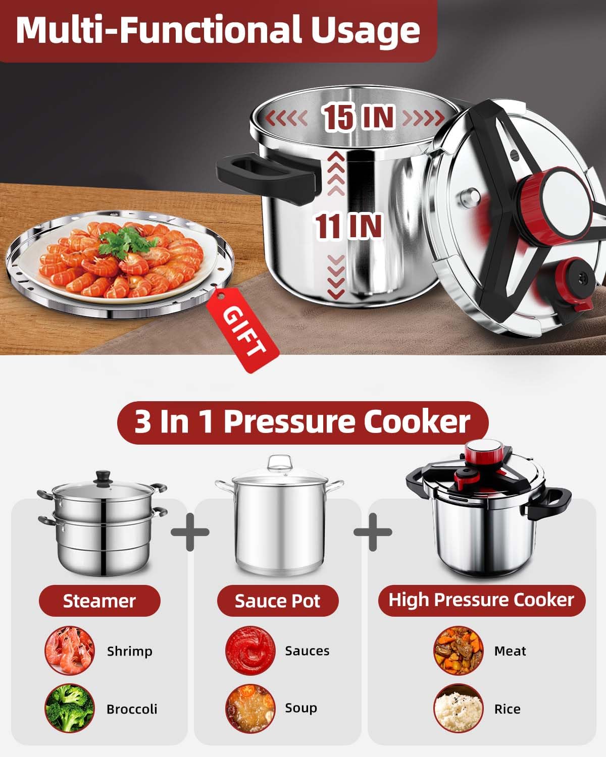 18/8 Stainless Steel Pressure Cooker 6 Quart, [One-Hand Locking] Olla de Presion, [3-In-1] Pressure Cooker, Includes Glass Lid & Steamer, Induction Compatible, Gas Stovetop Compatible
