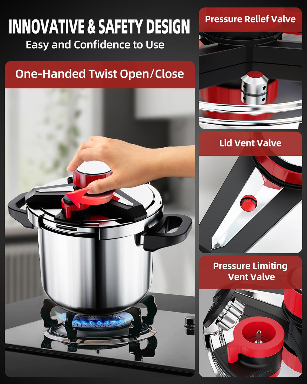 18/8 Stainless Steel Pressure Cooker 6 Quart, [One-Hand Locking] Olla de Presion, [3-In-1] Pressure Cooker, Includes Glass Lid & Steamer, Induction Compatible, Gas Stovetop Compatible