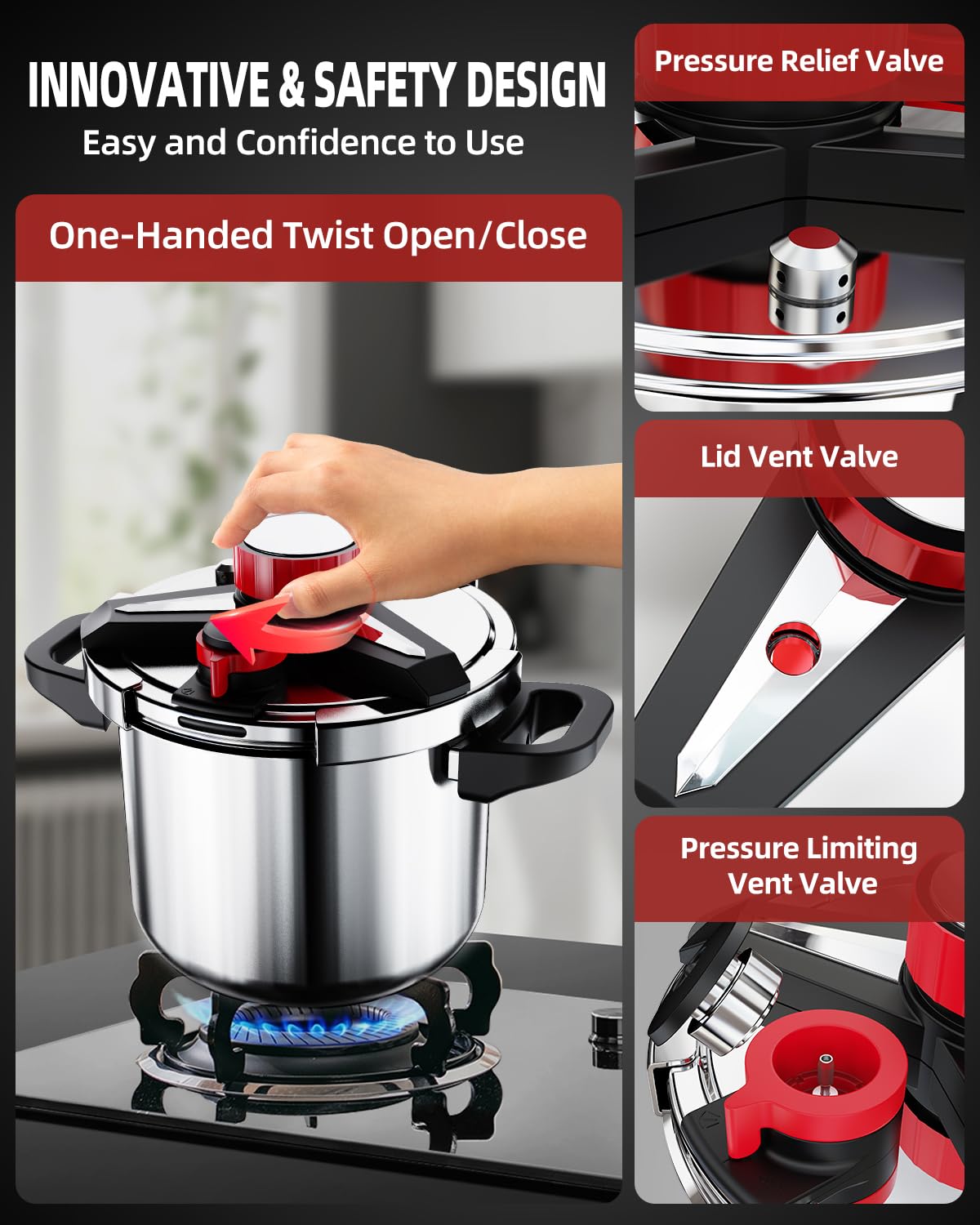 18/8 Stainless Steel Pressure Cooker 6 Quart, [One-Hand Locking] Olla de Presion, [3-In-1] Pressure Cooker, Includes Glass Lid & Steamer, Induction Compatible, Gas Stovetop Compatible