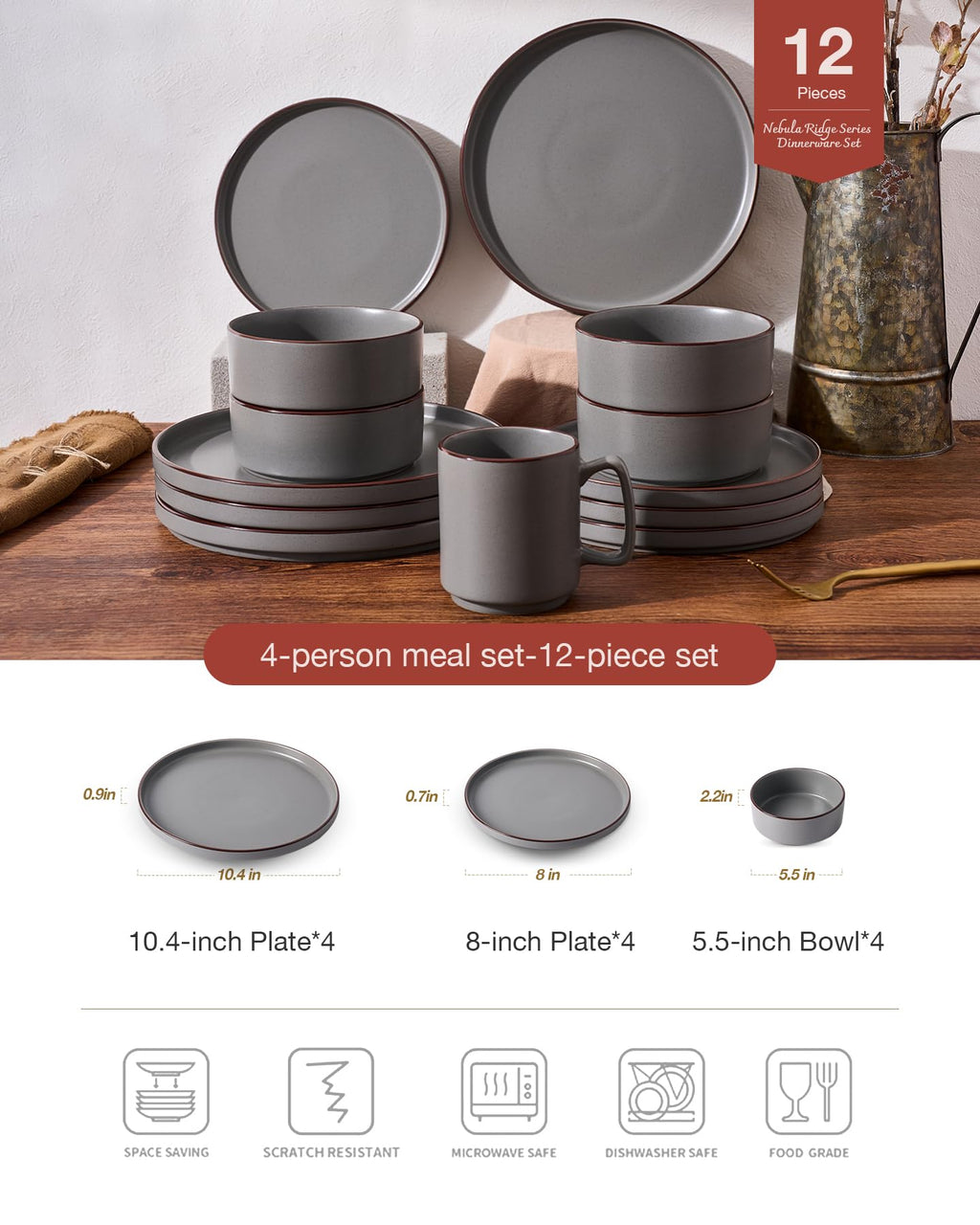 Famiware Nebula Ridge Stoneware Dinnerware Sets, Plates and Bowls Sets for 4, 12 Pieces Dishes Set, Microwave and Dishwasher Safe Kitchen Plates, Light Gray
