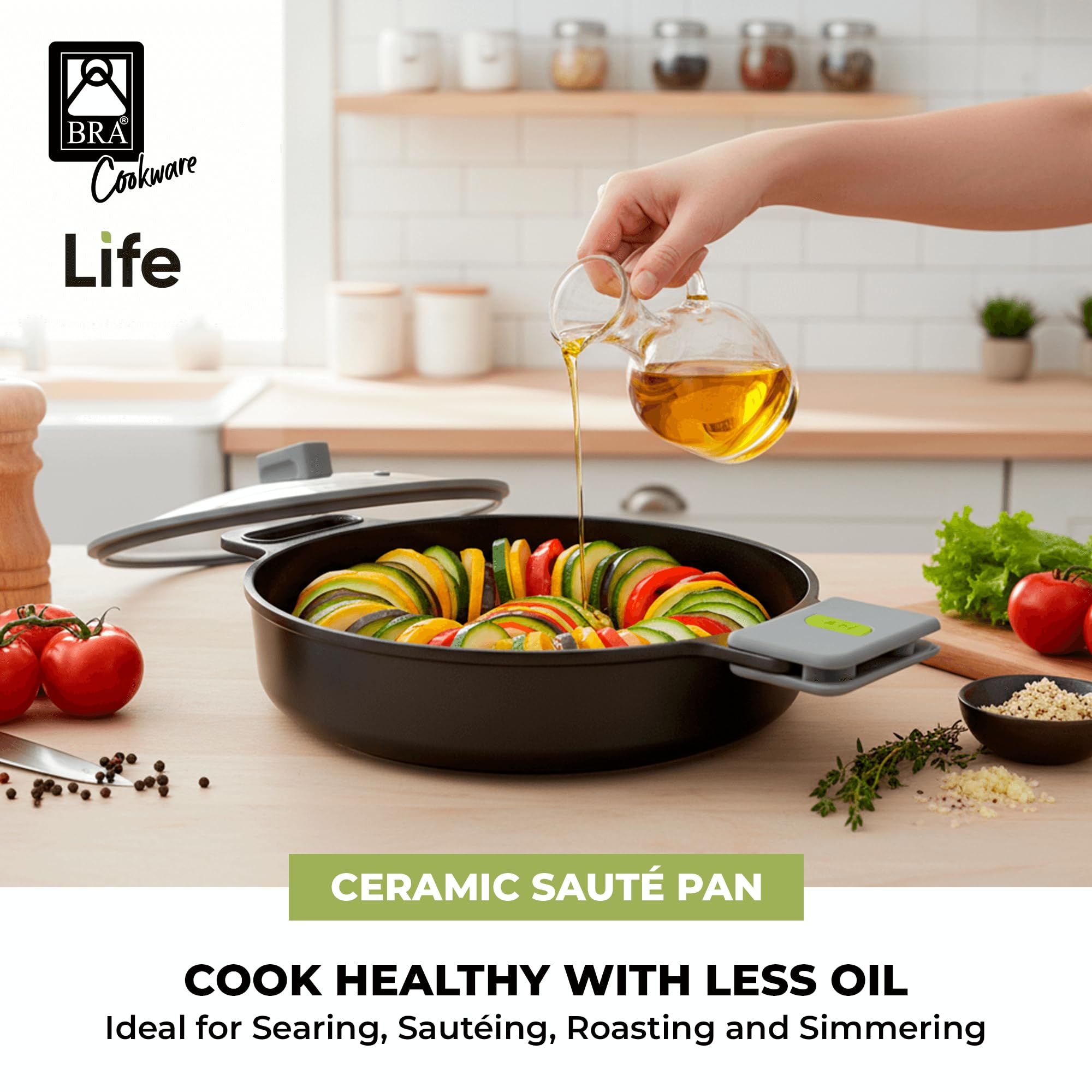 BRA COOKWARE Life Ceramic Nonstick Sauté Pan w/Glass Lid | 12.6 Inch 4.79 Quart Recycled Aluminum Deep Pan | Dual-Handle Braiser | Ceramic Non-Stick Coating | PFOA Free | All Cooktops & Oven Safe