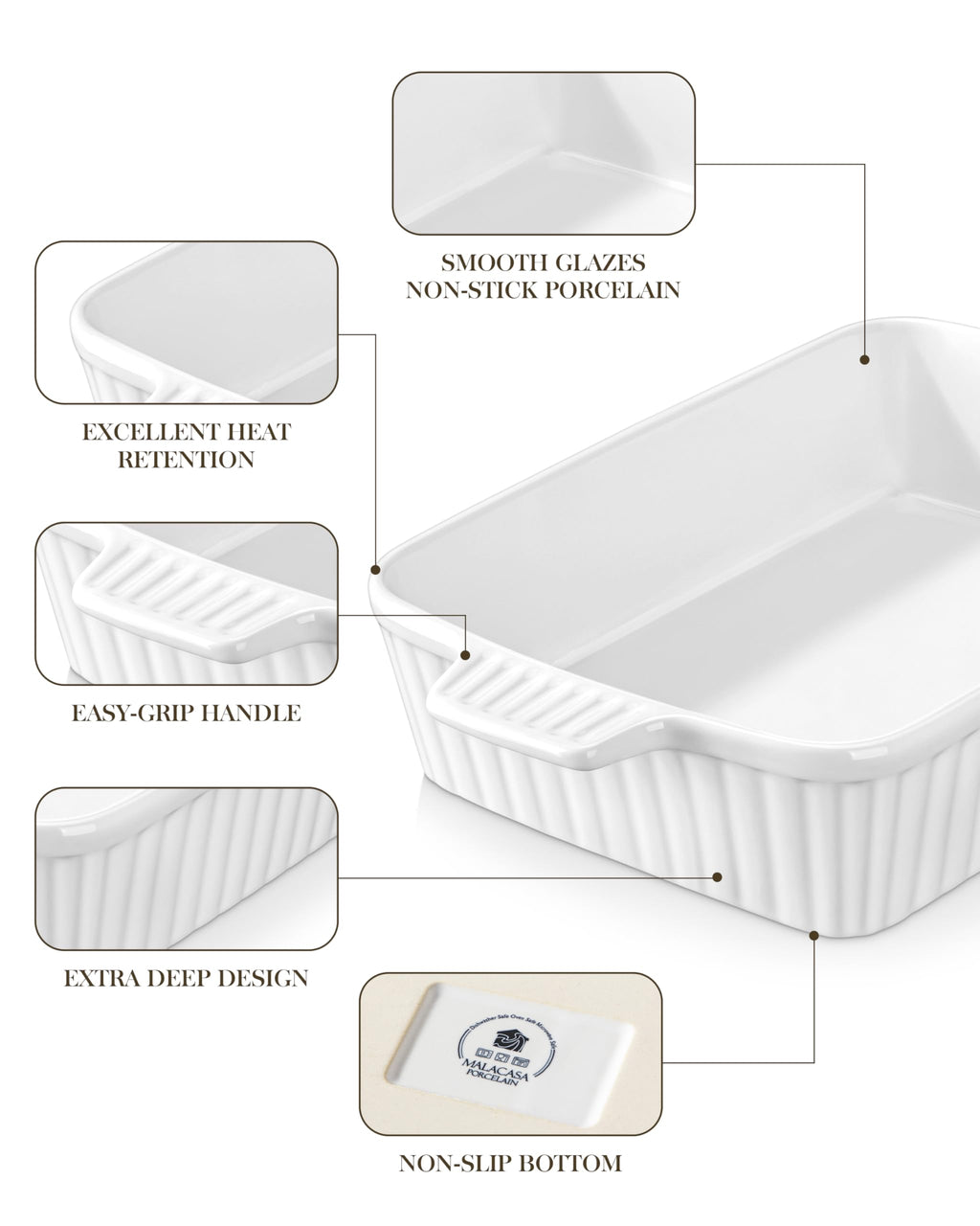MALACASA 4.4 QT Baking Dish, 9x13 Large Casserole Dish for Oven, Ceramic Baking Pan, Rectangular Lasagna Pan Deep with Handles for Baking, Durable Microwave Oven Safe, Wedding Gift,White, Series BAKE-BAKE