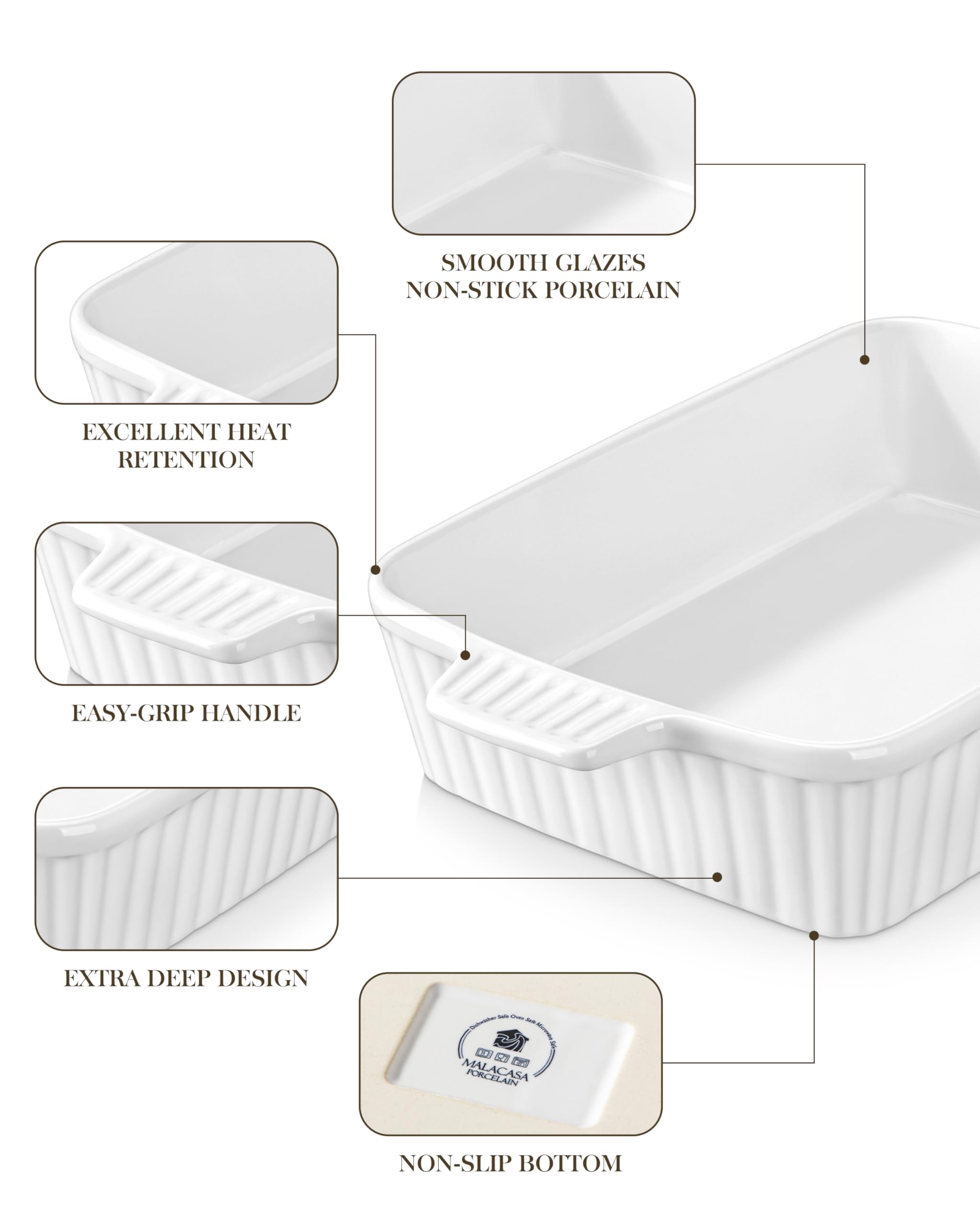 MALACASA 4.4 QT Baking Dish, 9x13 Large Casserole Dish for Oven, Ceramic Baking Pan, Rectangular Lasagna Pan Deep with Handles for Baking, Durable Microwave Oven Safe, Wedding Gift,White, Series BAKE-BAKE