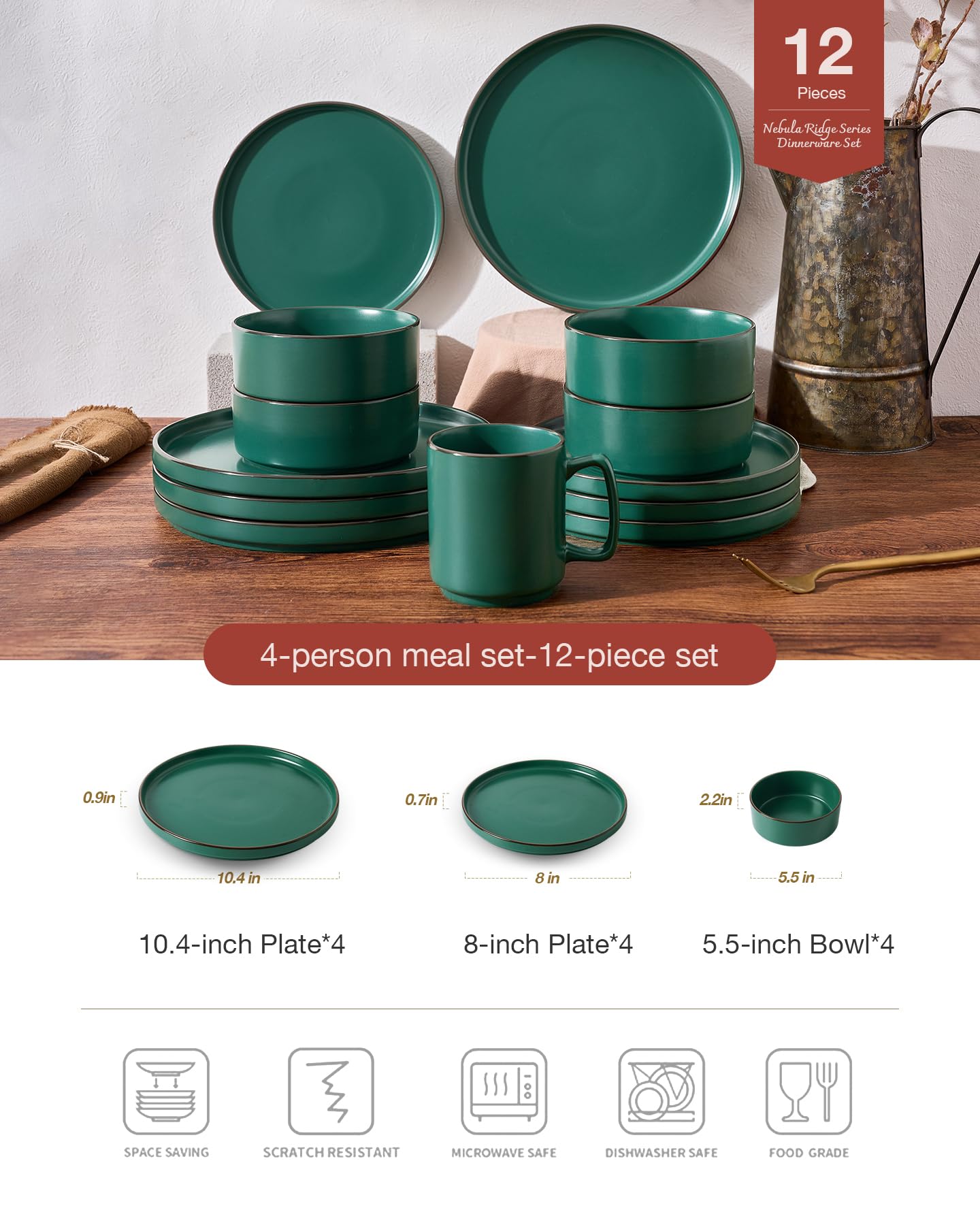 Famiware Nebula Ridge Stoneware Dinnerware Sets, Plates and Bowls Sets for 4, 12 Pieces Dishes Set, Microwave and Dishwasher Safe Kitchen Plates, Light Gray