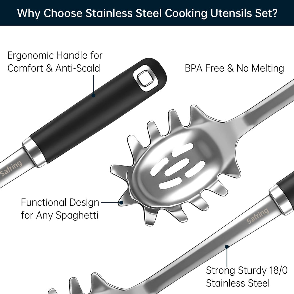 Stainless Steel Soup Ladle and Spaghetti Spoon Set, Heat Resistant Rubber Handle, Dishwasher Safe, Kitchen Utensils for Cooking, Stirring, Serving Pasta, Soup & Sauce